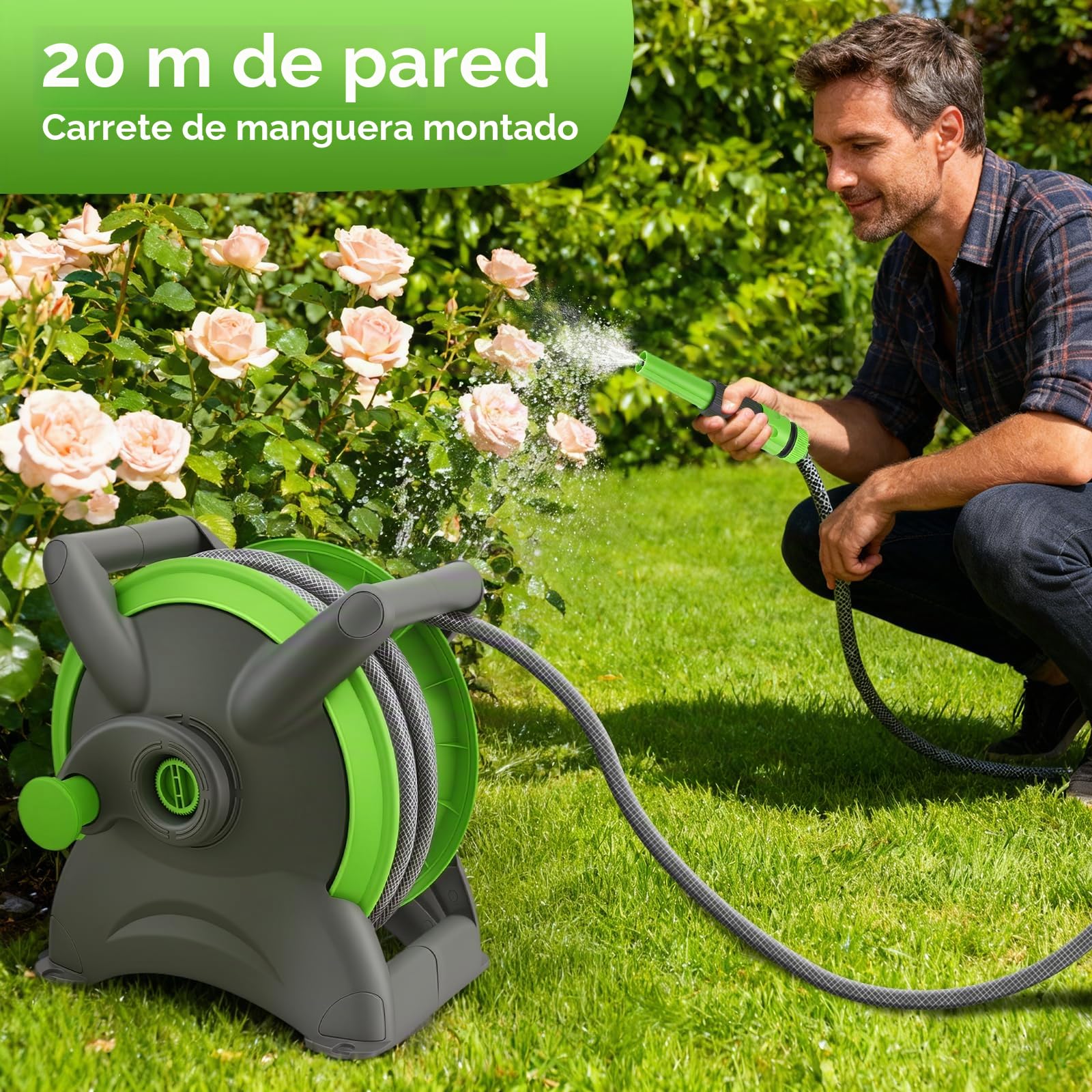 Carrete de Manguera Retráctil Giratorio de 180°, 20M Enrollador de Mangueras Carrete Automático de Manguera Montado en Pared Manguera Enrollable Automática para Regar Césped Jardín, Lavar Auto