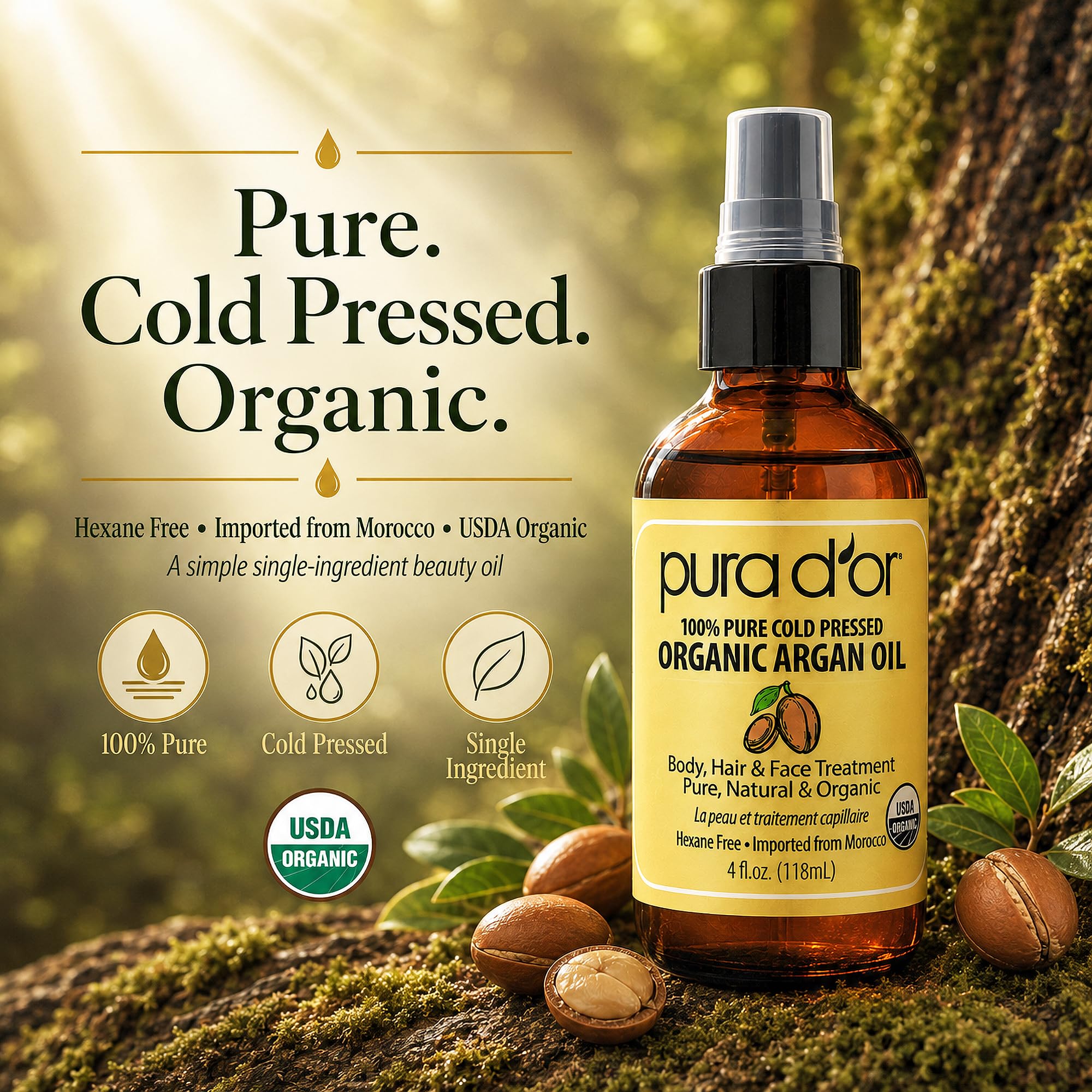 Pura D'Or Olio di argan marocchino biologico 100% puro spremuto a freddo e trattamento idratante organico USDA per viso, capelli, pelle e unghie, 118 ml