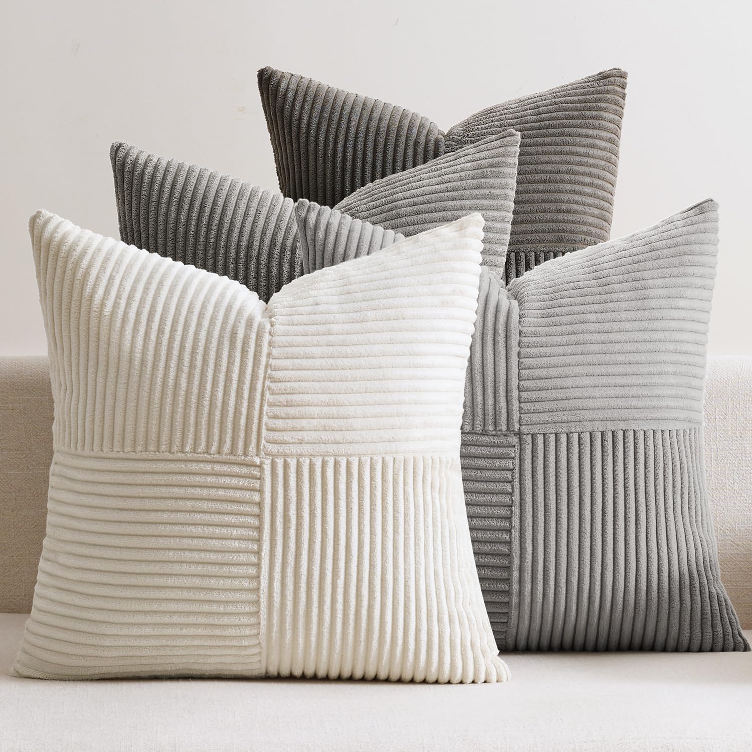 EMEMA Kissenbezug Kordsamt 4er Set Patchwork Kissenhülle 60x60 cm Zierkissenbezug Dekokissen Sofakissen Kord Dekorative Kissen für Sofa Sessel Zuhause Schlafzimmer Grau Serie