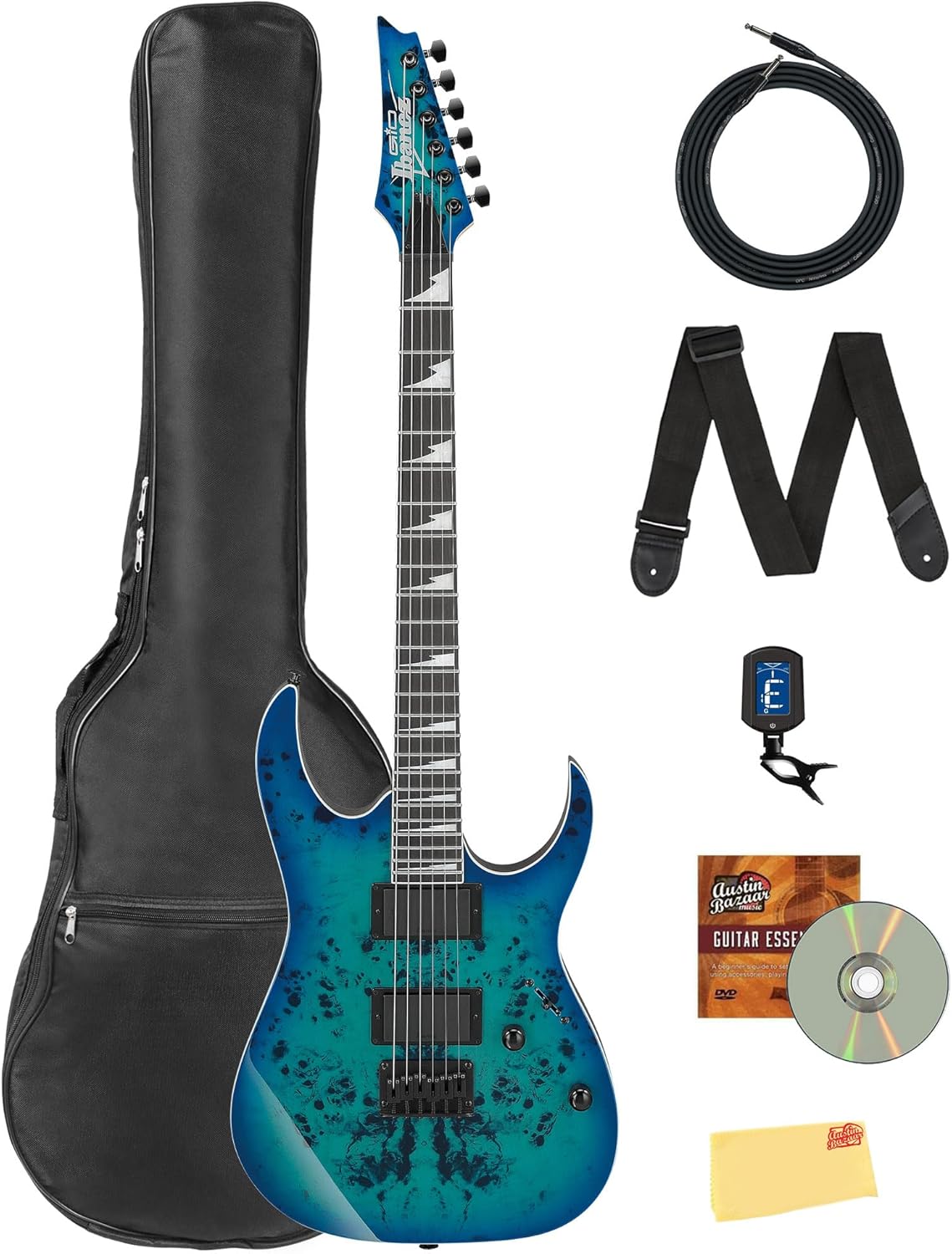 Ibanez GRGR221PA RG Gio Electric Guitar - Aqua Burst Bundle with Gig Bag, Tuner, Strap, Cable, Austin Bazaar Instructional DVD, and Polishing Cloth