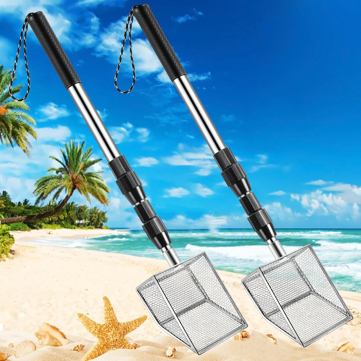 2 Ps Shell Scooper for Beach, Shark Tooth Sifter with Stainless Steel Adjustable Long Handle, Sand Sifter and Shovel Tool for The Beach to Collecting Shells, Shark Teeth Dipper for Kids and Adults Long Handle-2Pack