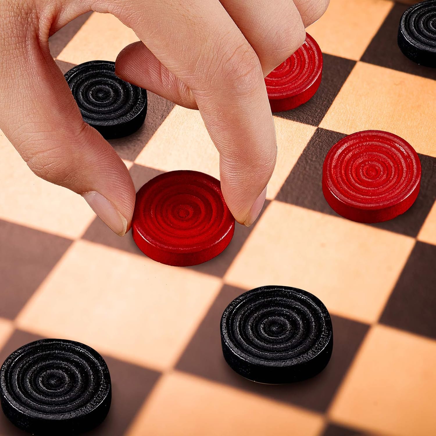 24 Pieces Wooden Checkers Pieces 1.06 Inch Checkers Board Game Pieces Stackable Ridge in Drawstring Storage Pouch, Red and Black