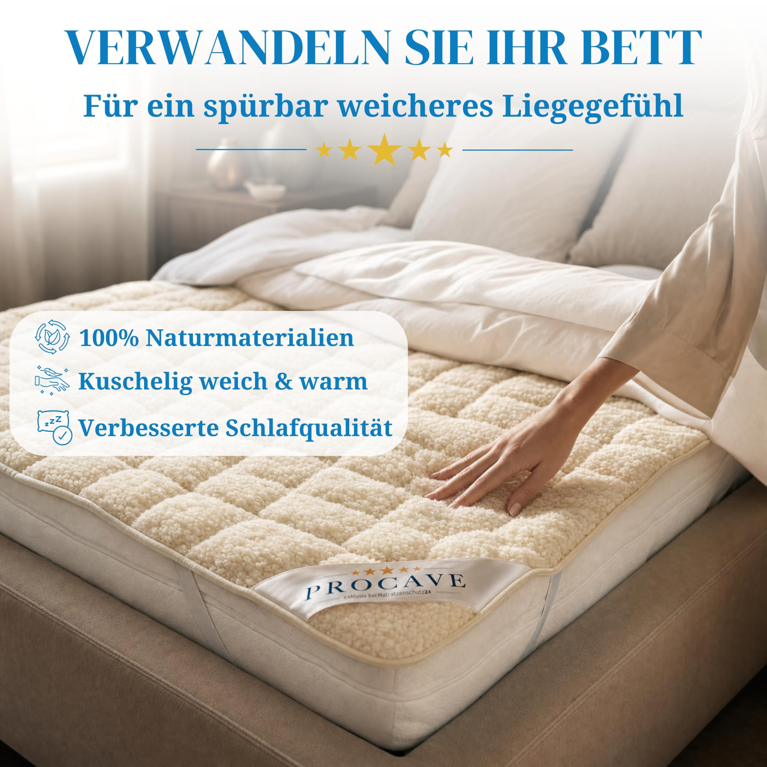 PROCAVE weiches Unterbett mit Lammflor und Schurwolle. hochwertige Matratzen-Topper. Matratzen-Schoner mit 4 Eckgummis. Matratzen-Auflage 90x200 cm