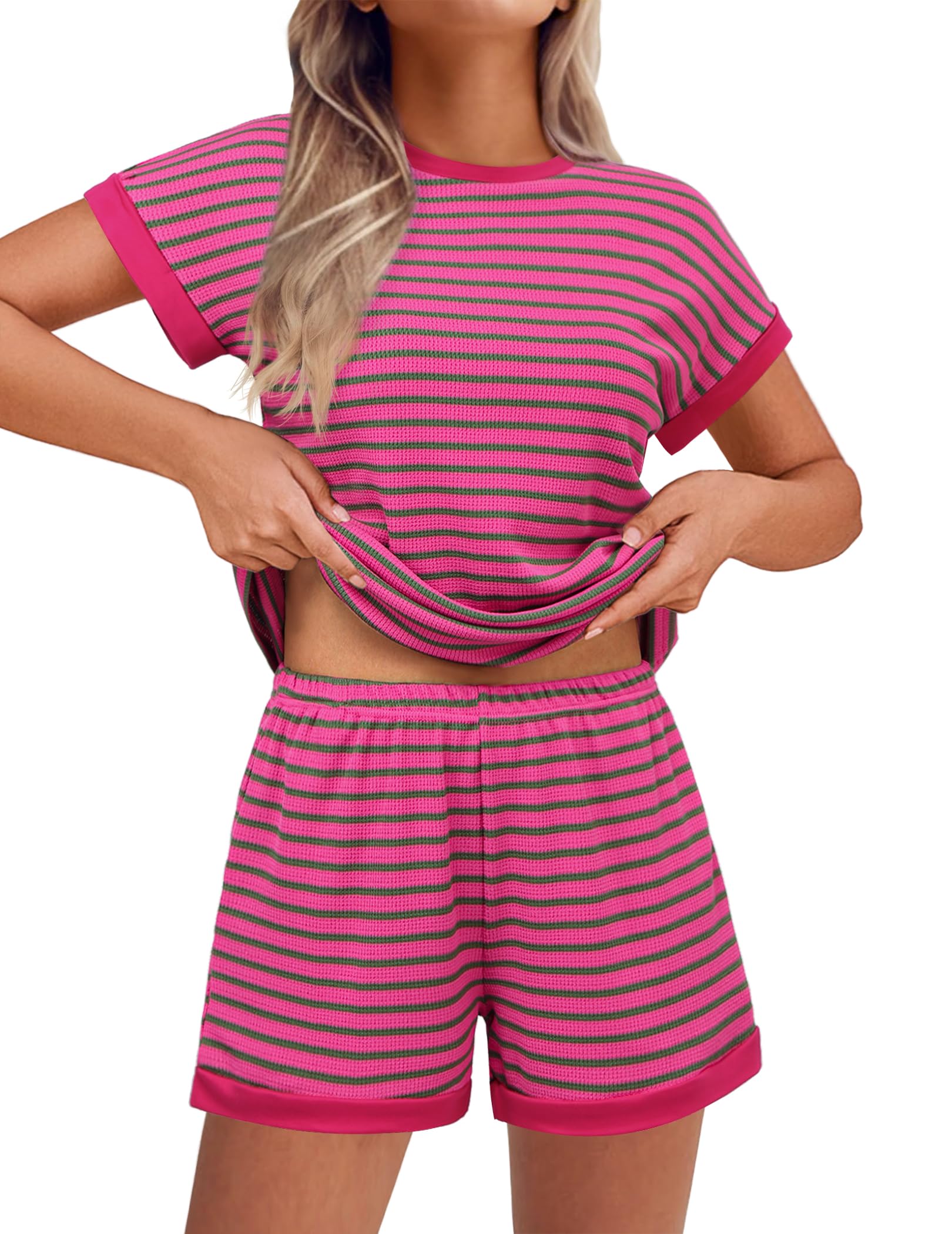 Ekouaer Waffle Knit Lounge Set Women Stripe Pajama Sets Short Sleeve Pj Tops and Shorts Matching loungewear with Pockets