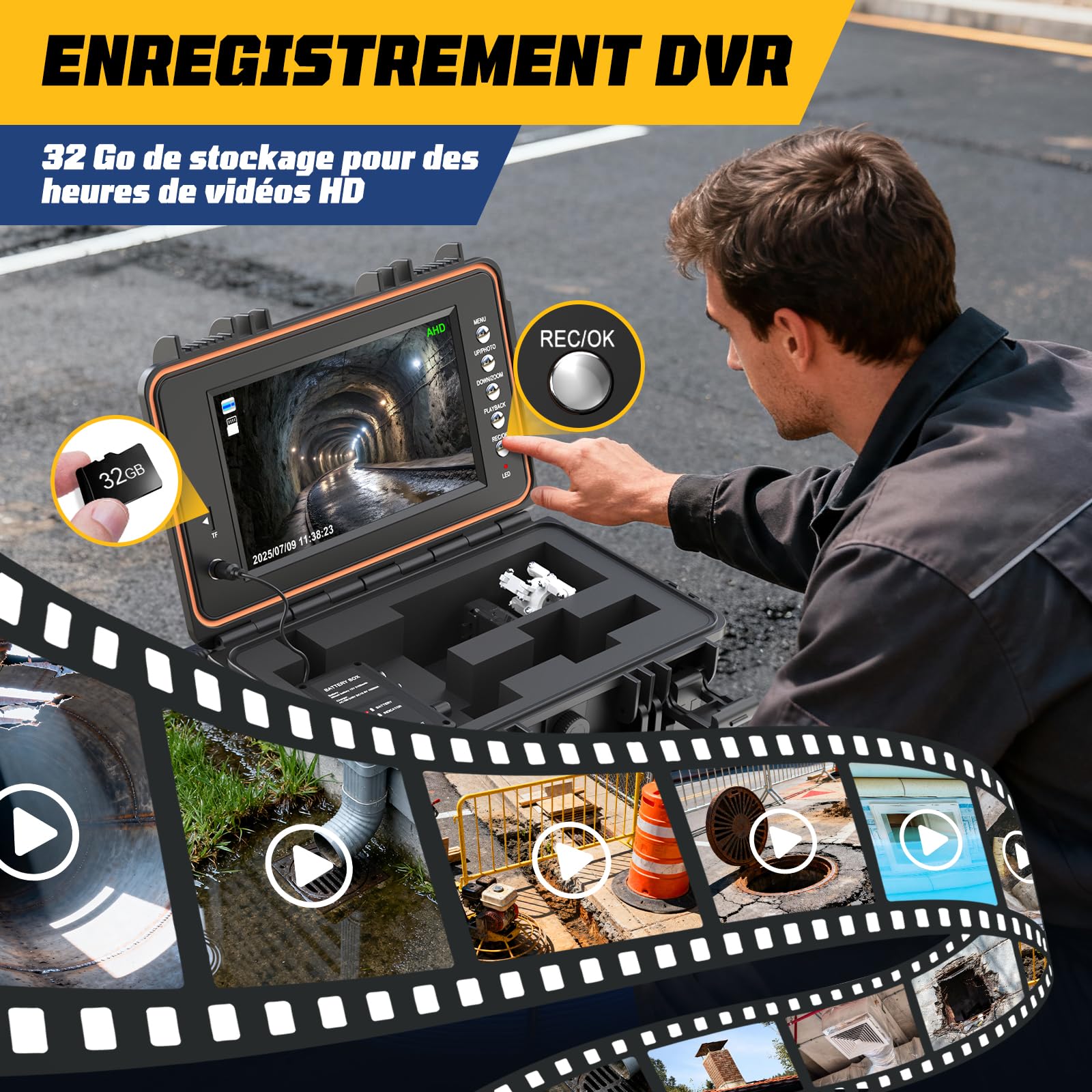 Caméra d’Inspection Canalisation, Auto-Nivelante Caméra 1080P et Émetteur 512Hz, Câble Renforcé 7MM avec Repères Métriques, Écran IPS HD 9 Pouces, DVR 32 Go, Batterie 5100 mAh, IP68 (30M)
