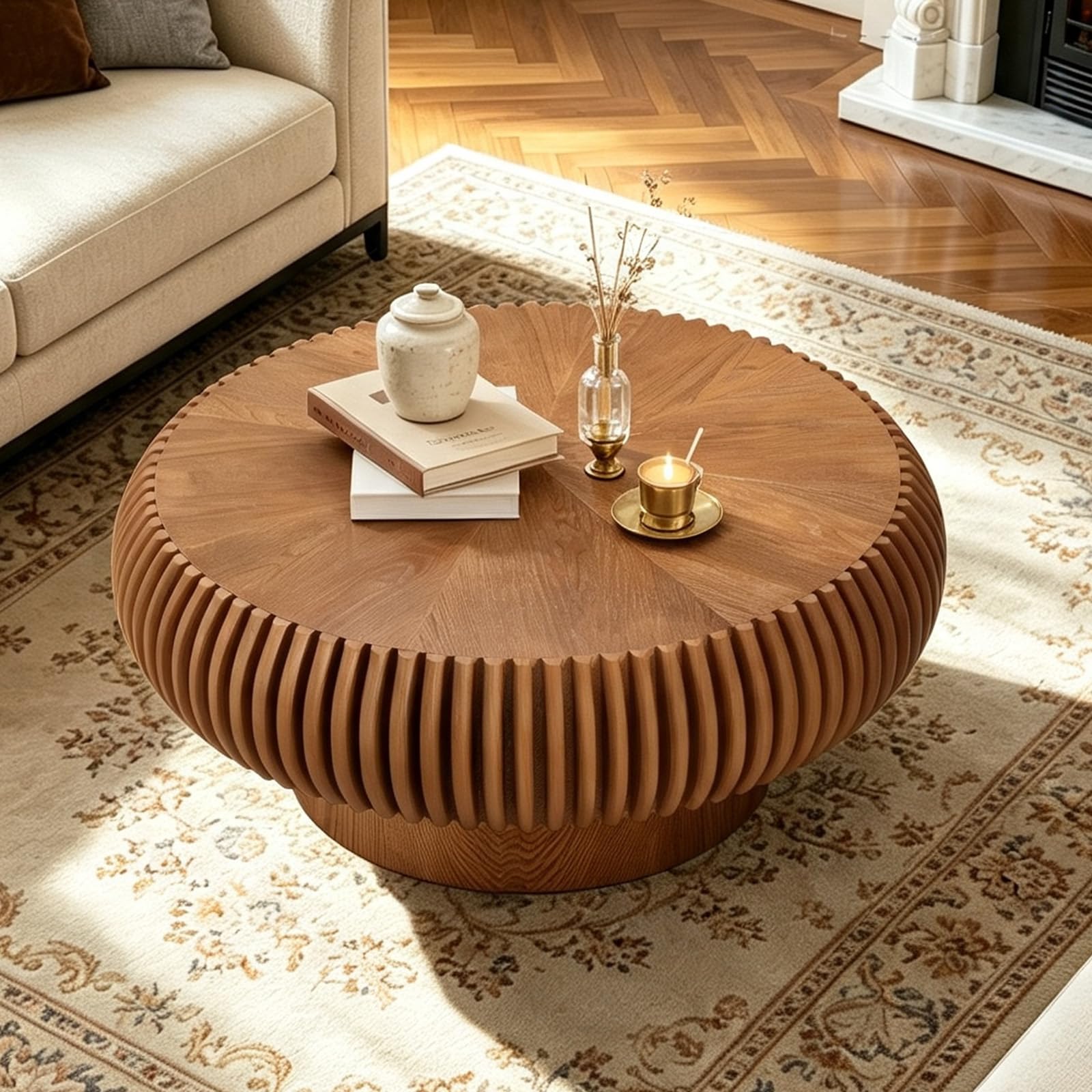 Modern Fluted Coffee Table 31.5 Large Round Wood Drum Table Unique Mid Century