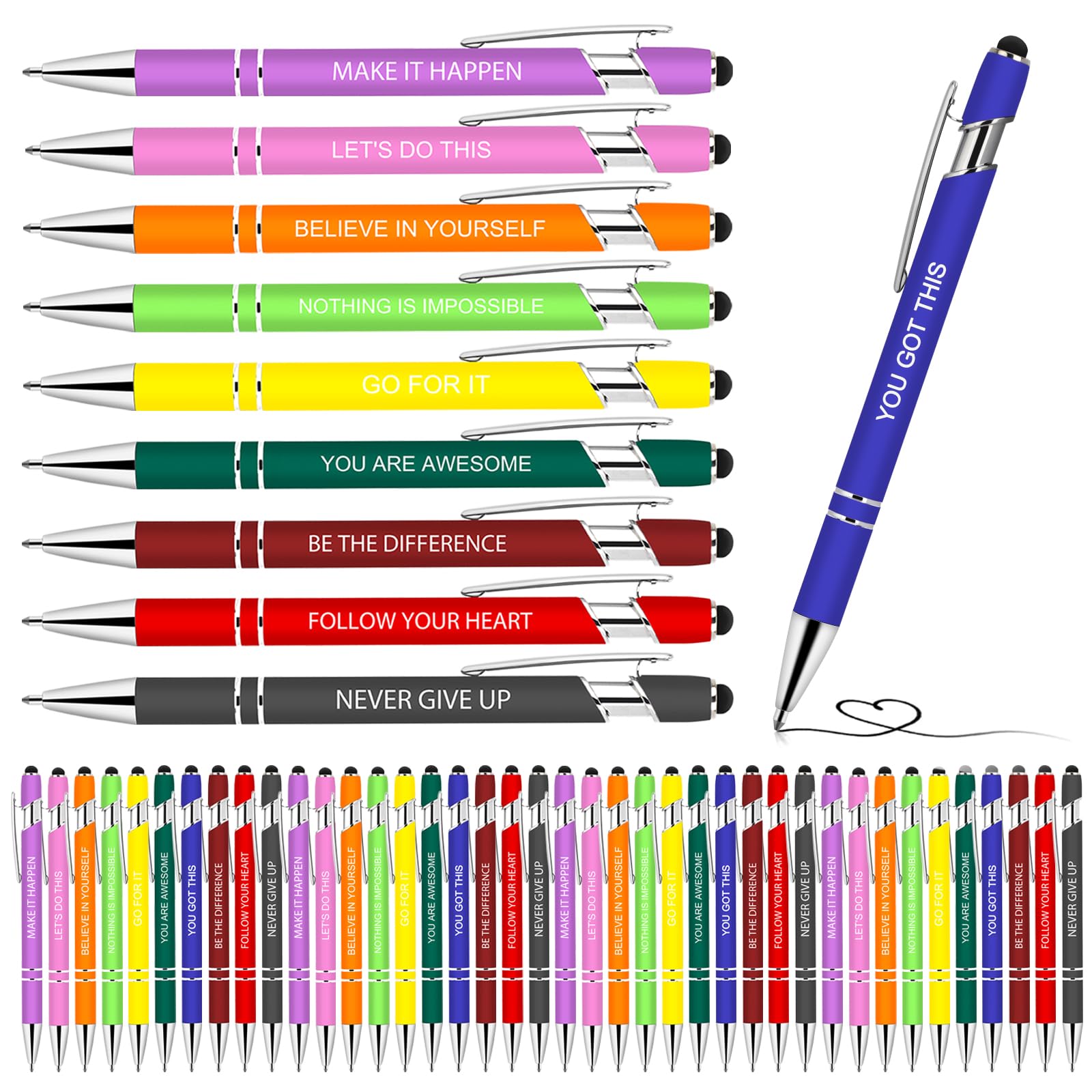 Greengines 50 Pcs Inspirational Pens - Motivational Ballpoint Pens Bulk with quotes Stylus Tip Gifts for School Coworkers Office Supplies Black Ink