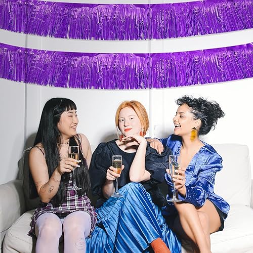 Miniatura 7 de Paquete de 5 guirnaldas de flecos morados de 10 pies, guirnalda de flecos metálicos de oropel metálico, pancarta de fondo para desfiles, flotadores,