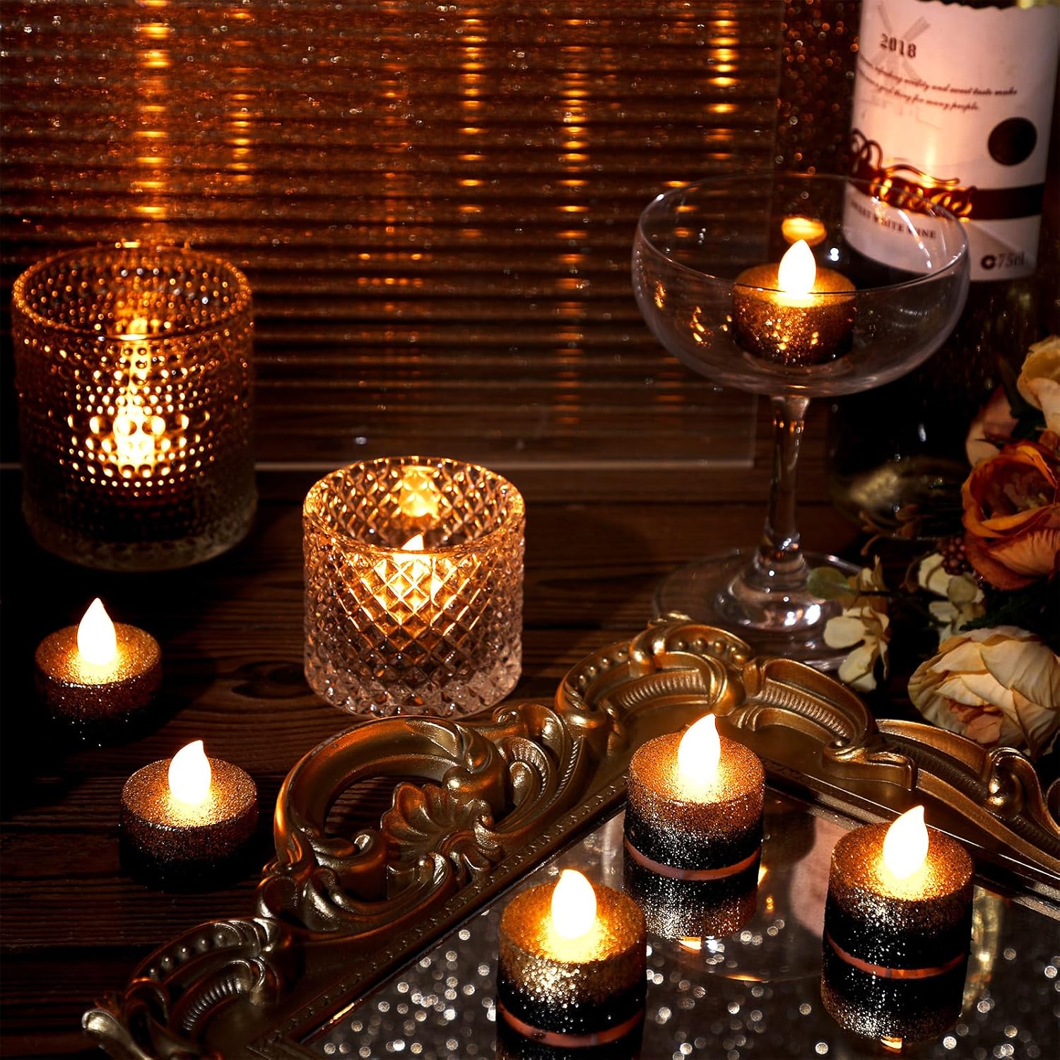 Rossesay 24 Pcs Flameless LED Tea Lights Gold Black Glitter Flickering Fake LED Candles Tealights Battery Operated Romantic Anniversary Decorations Winter Decor for Valentines Wedding Christmas Party