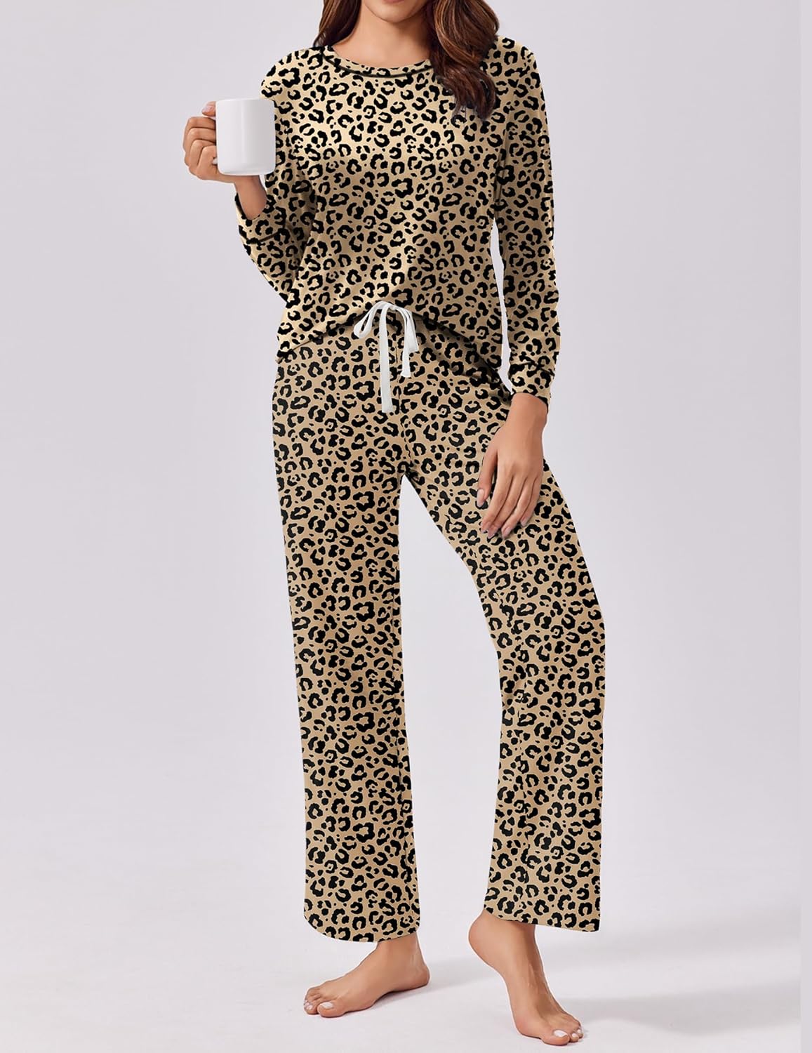 Ekouaer Womens 2 Piece Pajama Set Long Sleeve PJs with Plaid Pants Drawstring Elastic Waist Sleepwear Lounge Set - Image 2