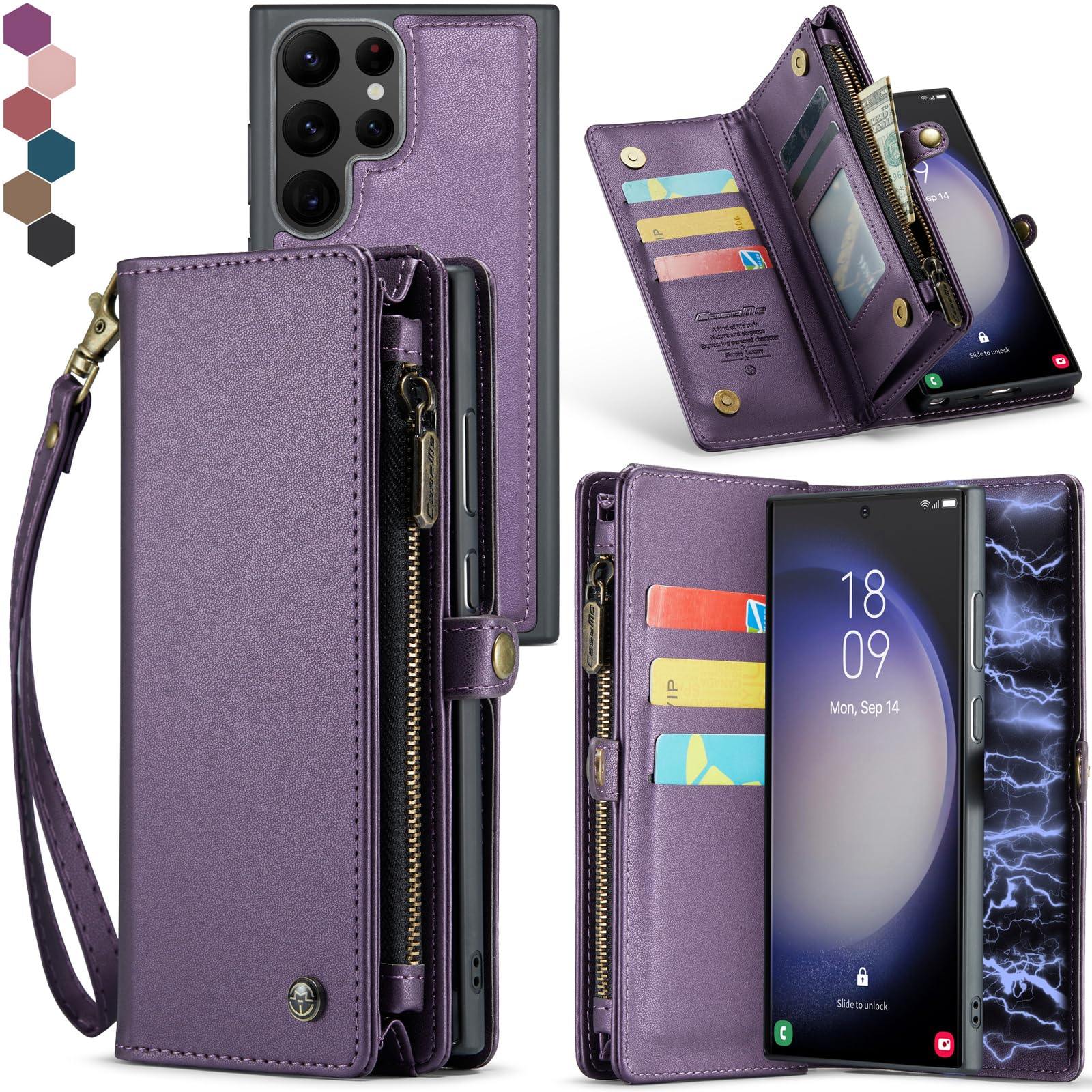 Samsung Galaxy S23 Ultra Wallet Case,Zipper Folio Leather Case Wallet with Card Holder Strap Wristlet Detachable Magnetic Protective Back Case for Samsung Galaxy S23 Ultra 5G 6.8 Inch (Purple)