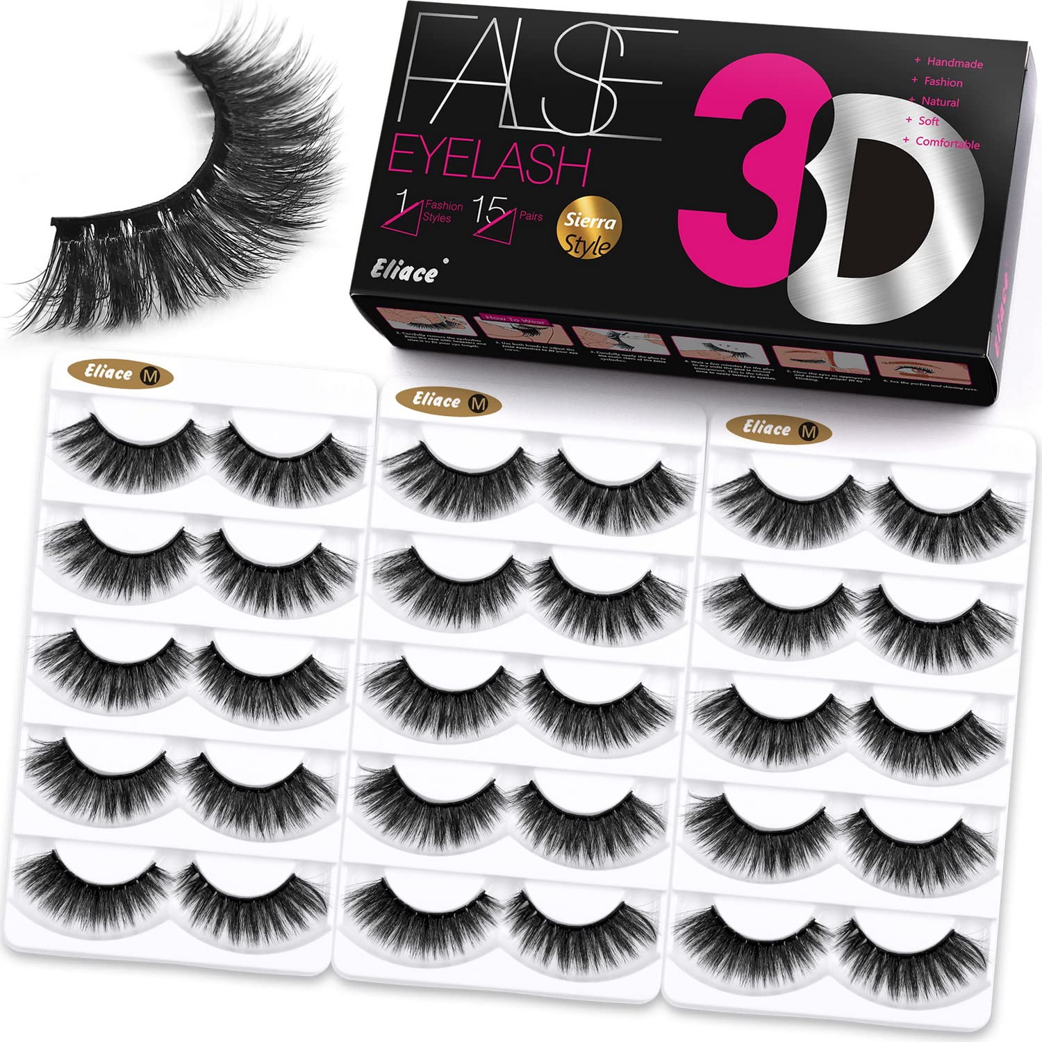 Eliace False Eyelashes 15 Pairs Lashes Natural look Cat Eye Lashes Wispy, 3D Mink lashes Fluffy Long Thick, Fake Eyelashes Cross Wispy Volume Lash