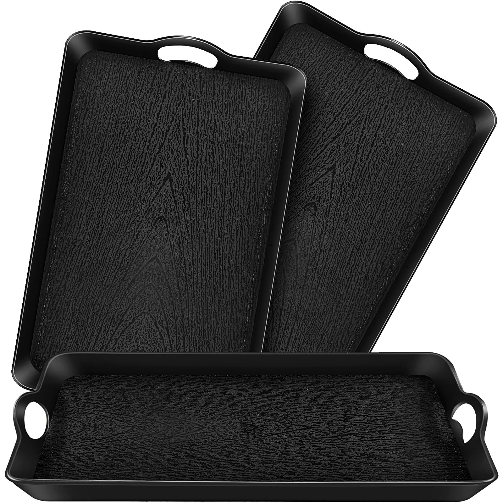 Tiangrid 3 Pack Black Serving Tray with Handles 20.5"x13.4" Large Plastic Rectangular Ottoman Multi Purpose Kitchen Food Tray for Coffee Table,
