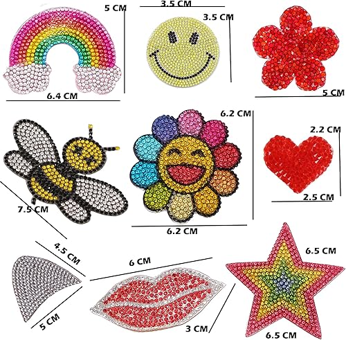 Miniatura 2 de 10 calcomanías de diamantes de imitación para planchar, no autoadhesivas, con forma de corazón de flor, arco iris, cara sonriente, estrella, estilo