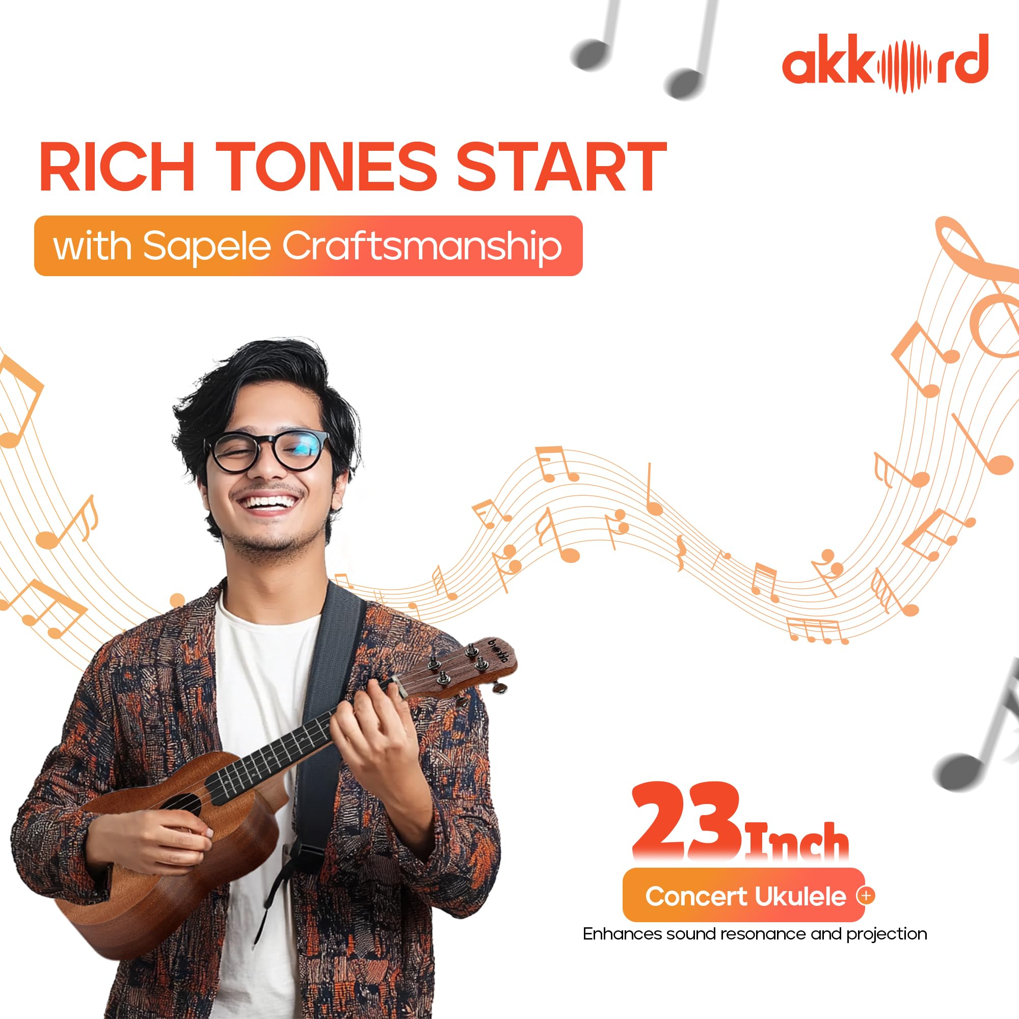 Akkord Concert Size 23" Ukulele, Sapele Wood with Built-In Equalizer- with Gig-Bag and Tuner - Image 7 thumbnail