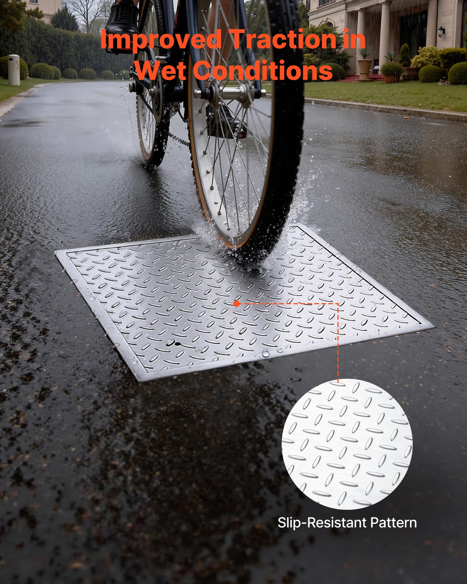 VEVOR Plaque d'Égout avec Cadre, Couvercle de Regard Carré de 60x60 cm, pour Inspection de Drainage Bouche d'Égout Trottoir Jardin, Couvercle de Fosse Septique en Acier au Carbone Antidérapant