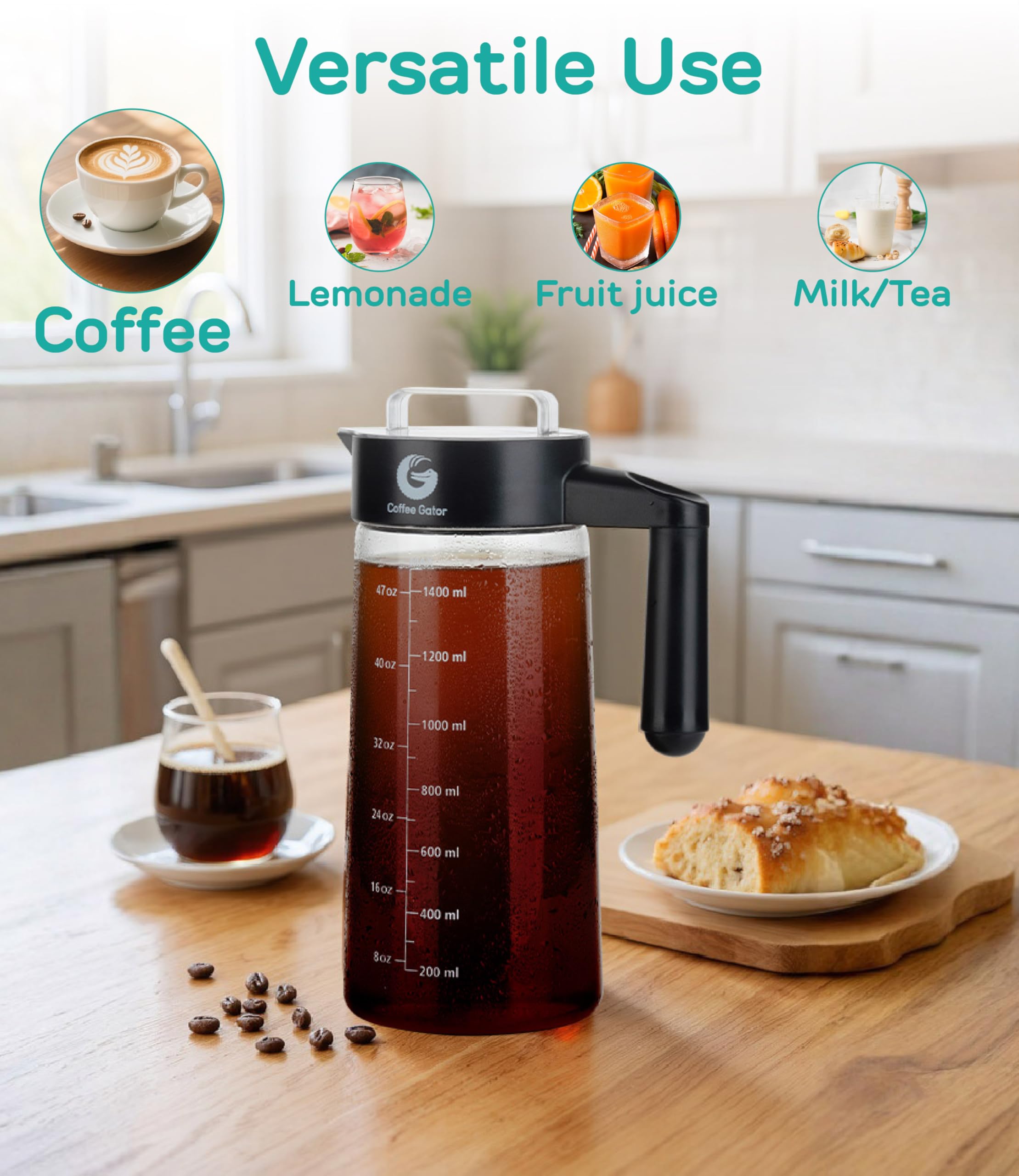 Caffettiera Manuale con Infusore per Fare Il caffè Freddo o Cold Brew Coffee di Coffee Gator - Macchina da caffè per Gli Appassionati di Slow Coffee - Caraffa in Vetro con Filtro - Anche per Il tè