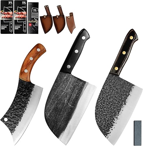 XYJ Juego de cuchillos de carnicero serbios con mangas de transporte de cuero cuchillo de chef chino para cocina camping o al aire libre