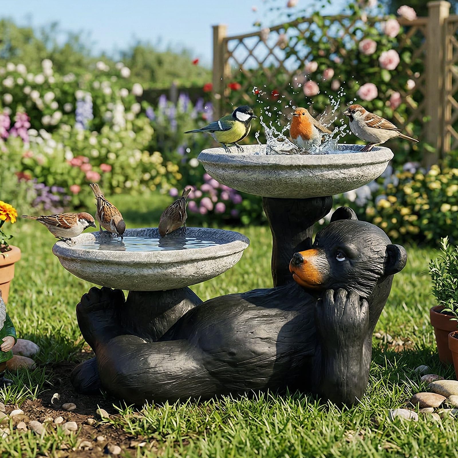 SunJet 18" Fibre Reinforced Concrete Outdoor Birdbath, 2-Tier Black Bear Bird Bath &amp; Bird Feeder, Bird Bath Garden Decor with Dual Basins for Patio, Backyard, Lawn