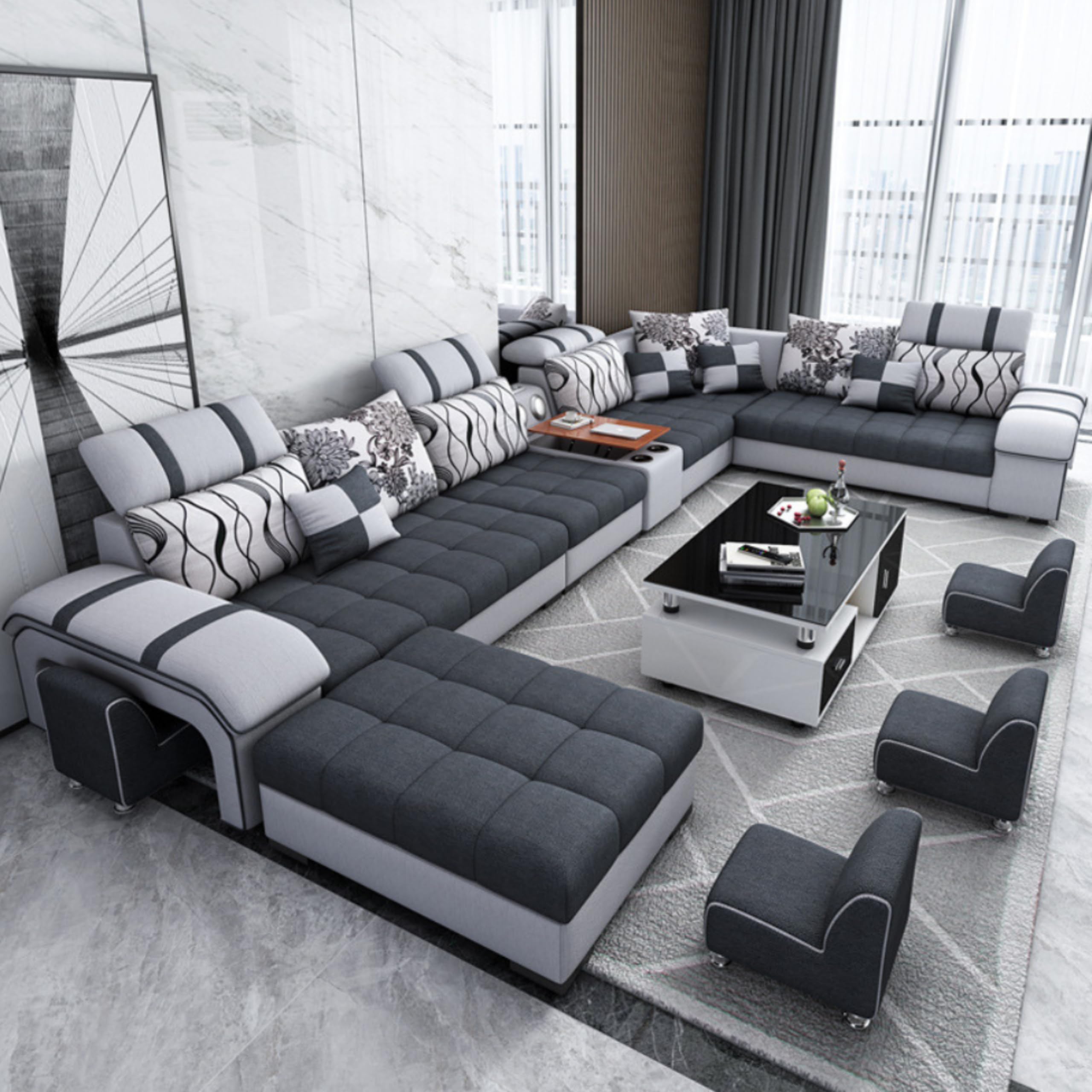 Furnista Modern Luxury 7 Seater Modular Fabric Sofa Furniture Set Multifunctional Living Room Home Corner Couch U Shaped Sectional Sofa (Black)
