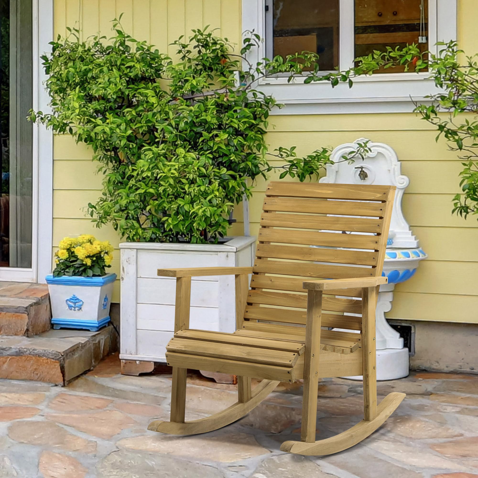 Outsunny Schaukelstuhl Schwingsessel mit Armlehne Relaxstuhl Gartenstuhl für Terrasse, Balkon, Belastbarkeit bis 130 kg, 64 x 86 x 85 cm, Tannenholz, Hellbraun
