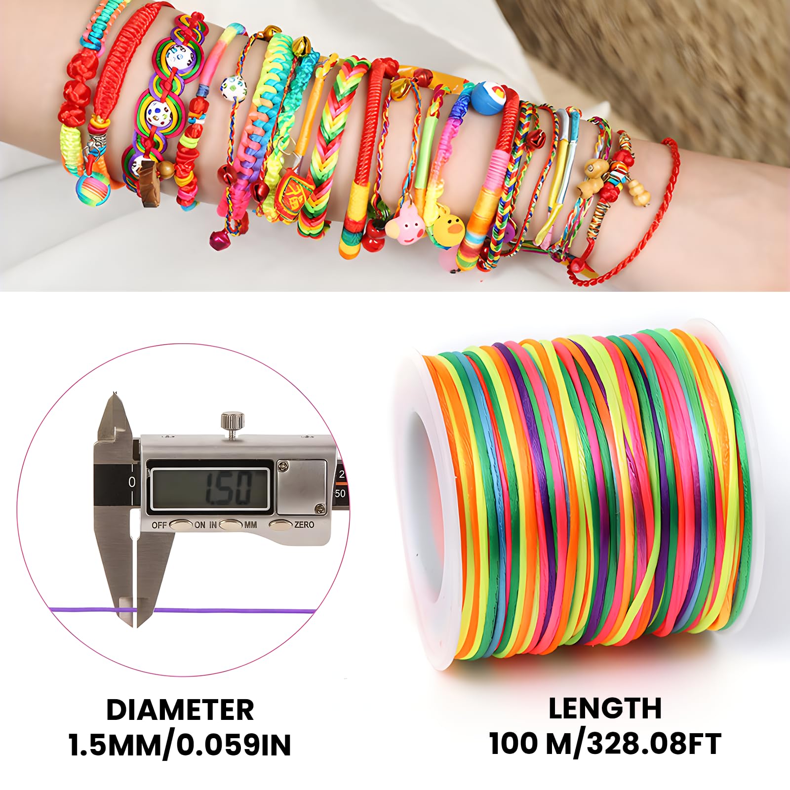 Cordoncino Arcobaleno Per Braccialetti - 100m X 1.5mm In Cotone Per DIY E Bigiotteria - Foto 7