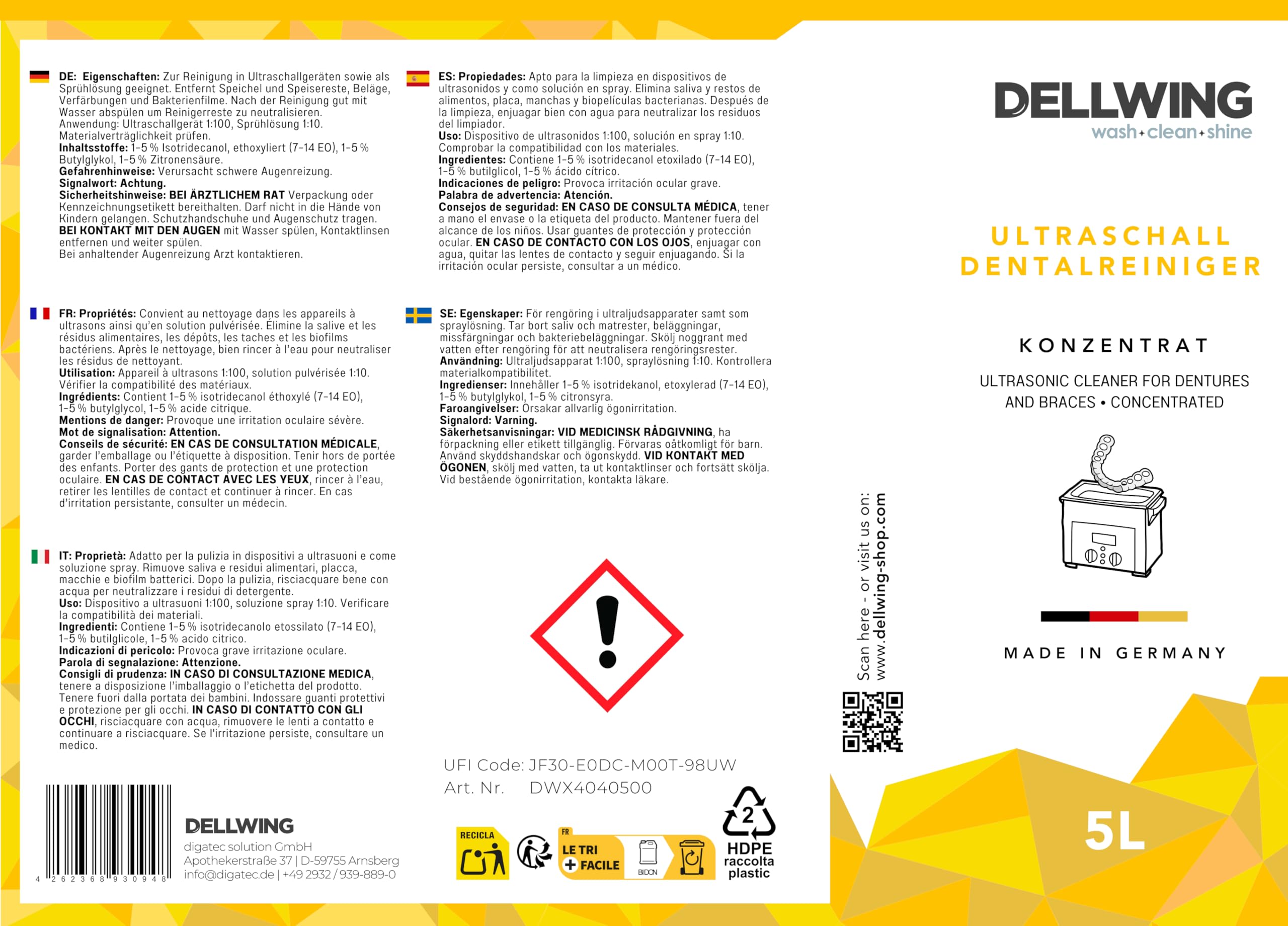 Dellwing Dentalreiniger 5 l, Konzentrat für Ultraschallgeräte, Reinigungsmittel für Zahnersatz, Zahnspangen, Made in Germany | Konzentrat für Ultraschallgeräte, Reinigungsmittel für Zahnersatz, Zahnspangen, Made in Germany