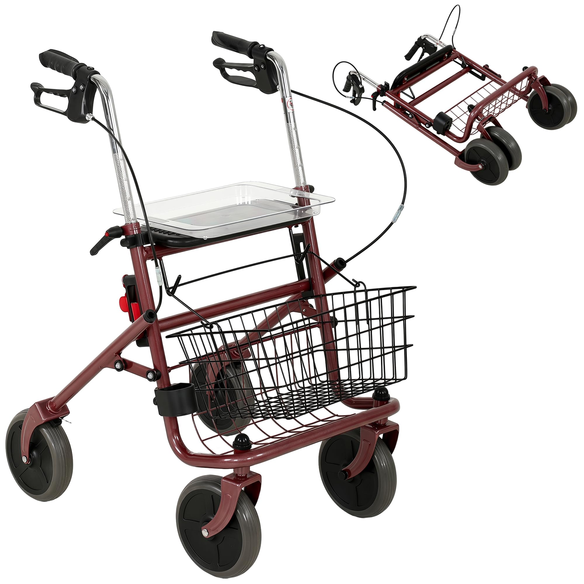 HOMCOM Andador para Ancianos Plegable con Asiento y 4 Ruedas Rojo Vino | Andadores Adultos para Personas Mayores, Altura Ajustable, Frenos de Maneta, Cesta, Bandeja, Porta Bastón
