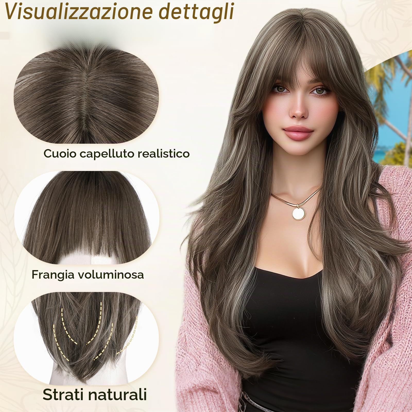 RUWISS Marrone con Riflessi Bordeaux Parrucca Lunga Layered Con Frange per Donna, 65cm Parrucche Naturale e Liscia Dritto Fibra Sintética Resistente per Cosplay/Halloween/Party