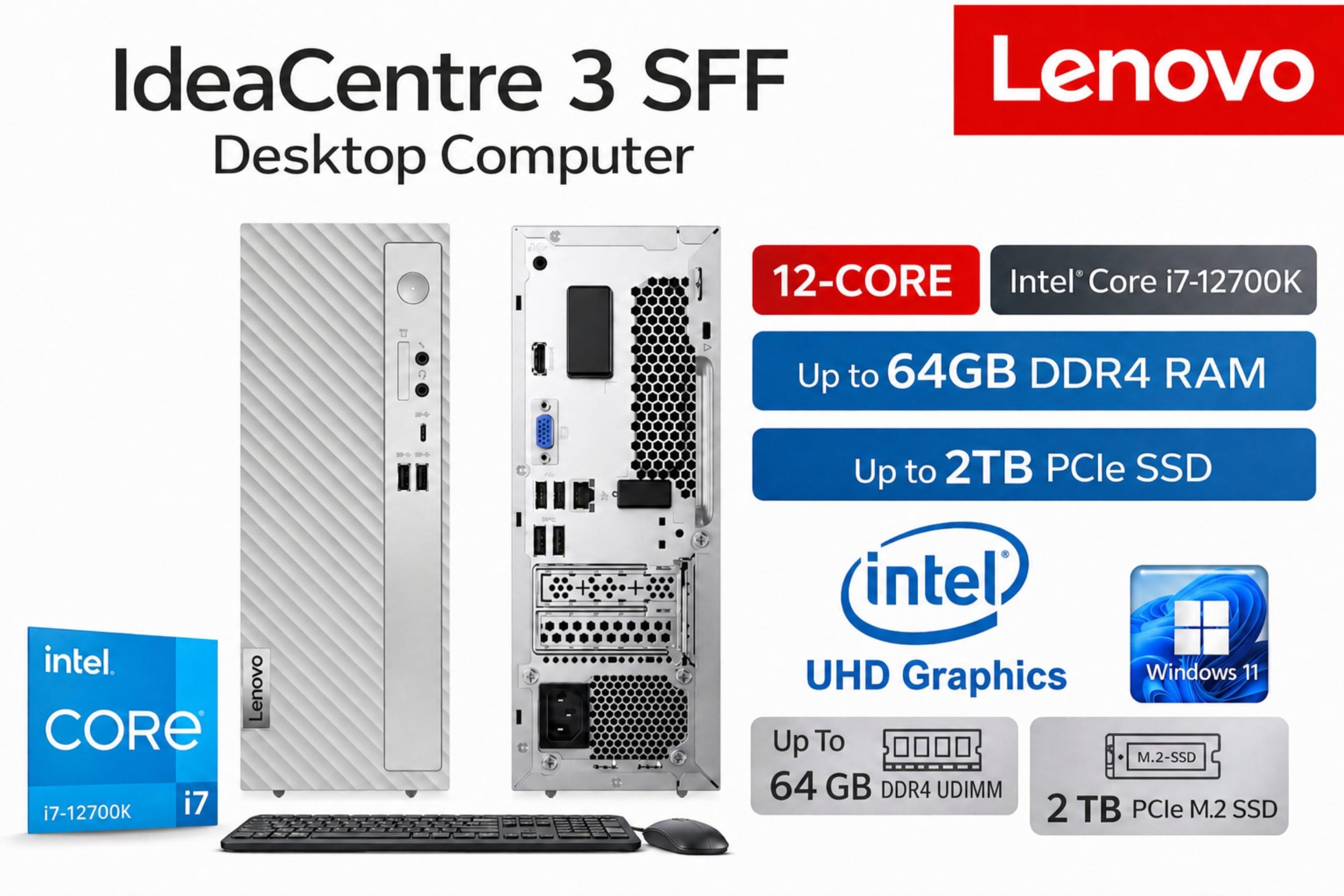 Lenovo IdeaCentre 3 SFF Business Desktop Computer, Intel Core i7-12700K (25MB Smart Cache), 32GB RAM, 1TB PCIe SSD, USB-C, HDMI, VGA, RJ-45, Wi-Fi, tastiera e mouse cablati, Windows11