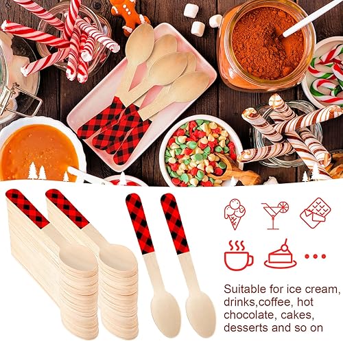 Miniatura 5 de 100 cucharas de madera desechables de 5.5 pulgadas, cucharas de madera desechables de Navidad con patrón de cuchara de madera para chocolate