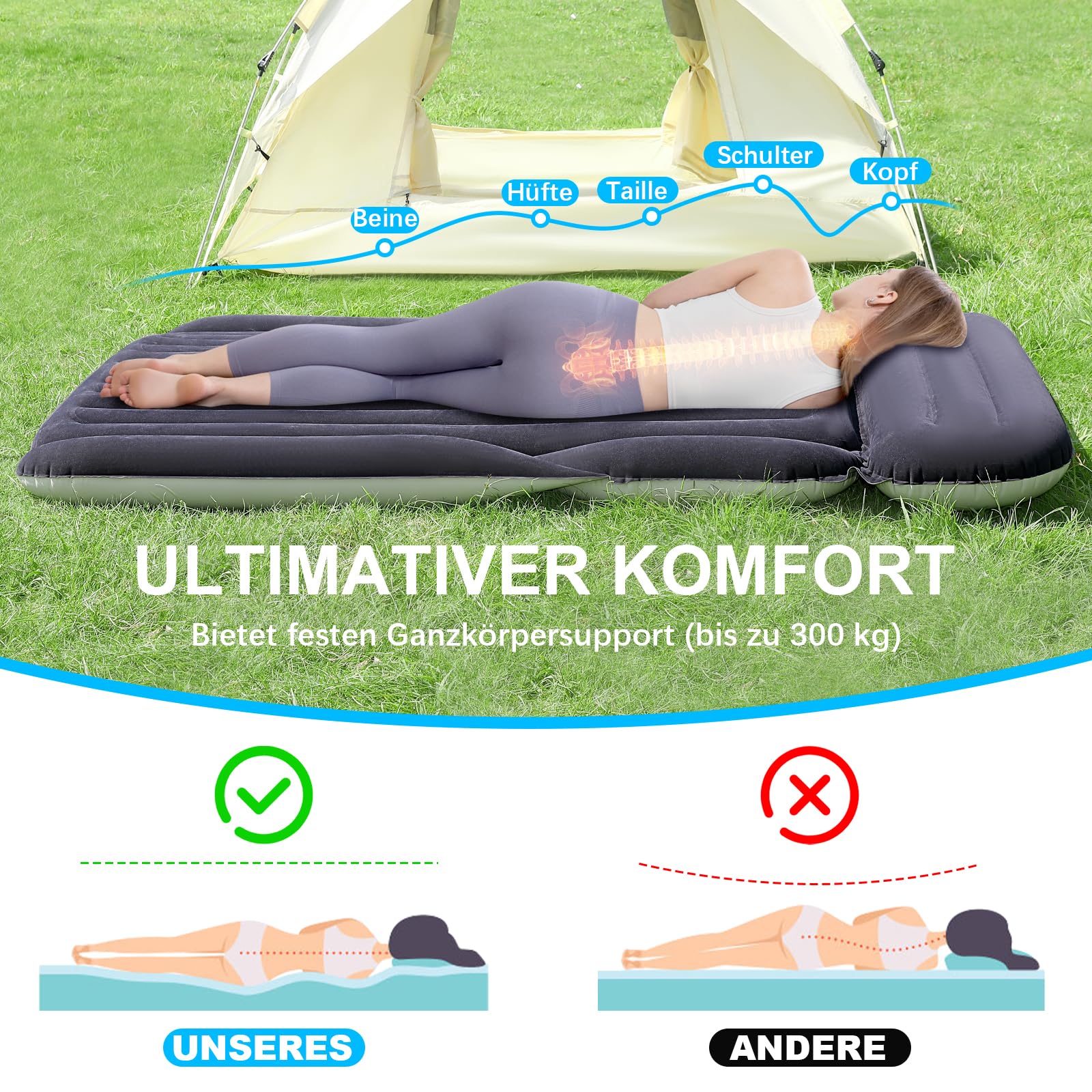 KMZ SUV Luftmatratze mit 2 Kissen – Dickere und Beflockung Auto-Bett – Bewegliche Reisen Matratze für Camping & Outdoor – Schnelles Aufblasbare & Entleeren mit elektrische Luftpumpe
