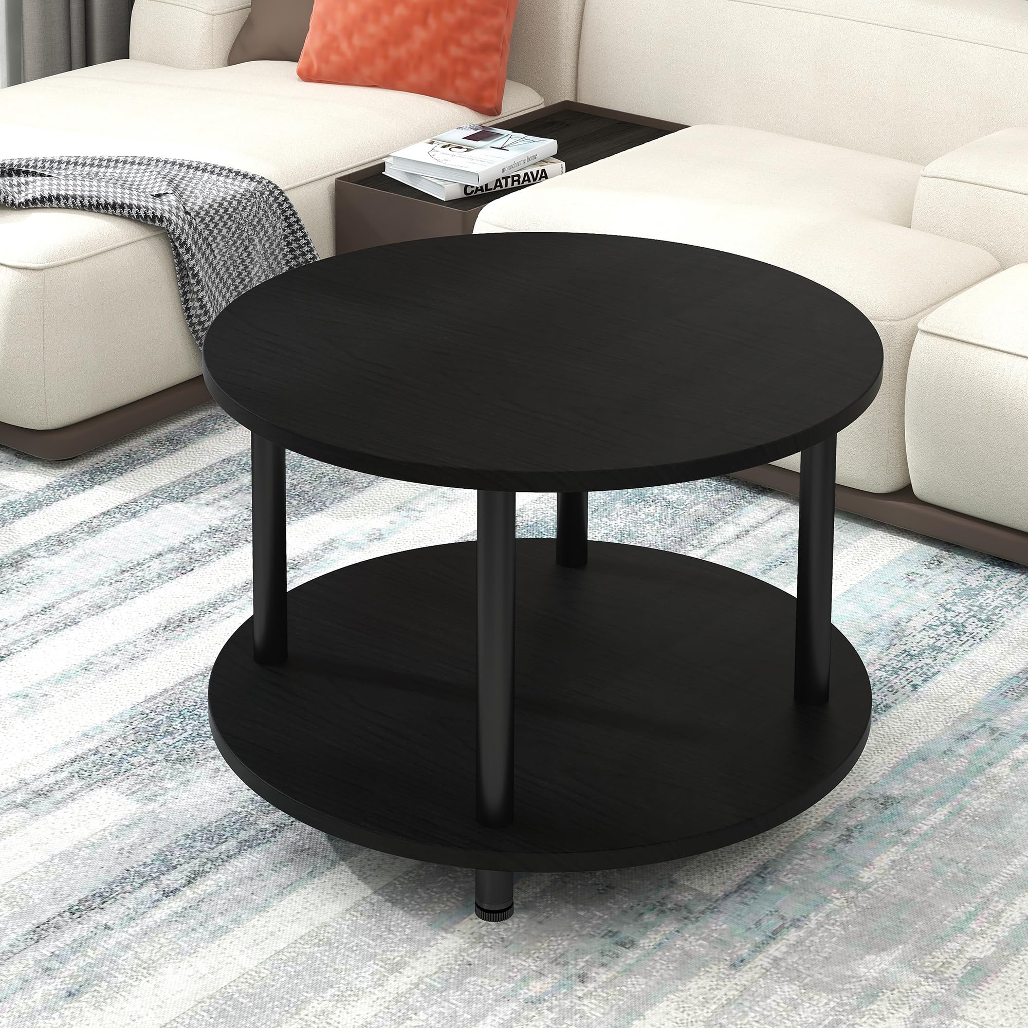 Couchtisch Rund, 2 Ablagen, Wohnzimmertisch, Beistelltisch, Kaffeetisch, Sofatisch, für Wohnzimmer, Schlafzimmer, stabiles Metallgestell/MDF Platte, 60 x 60 x 48.5 cm, schwarz-schwarz