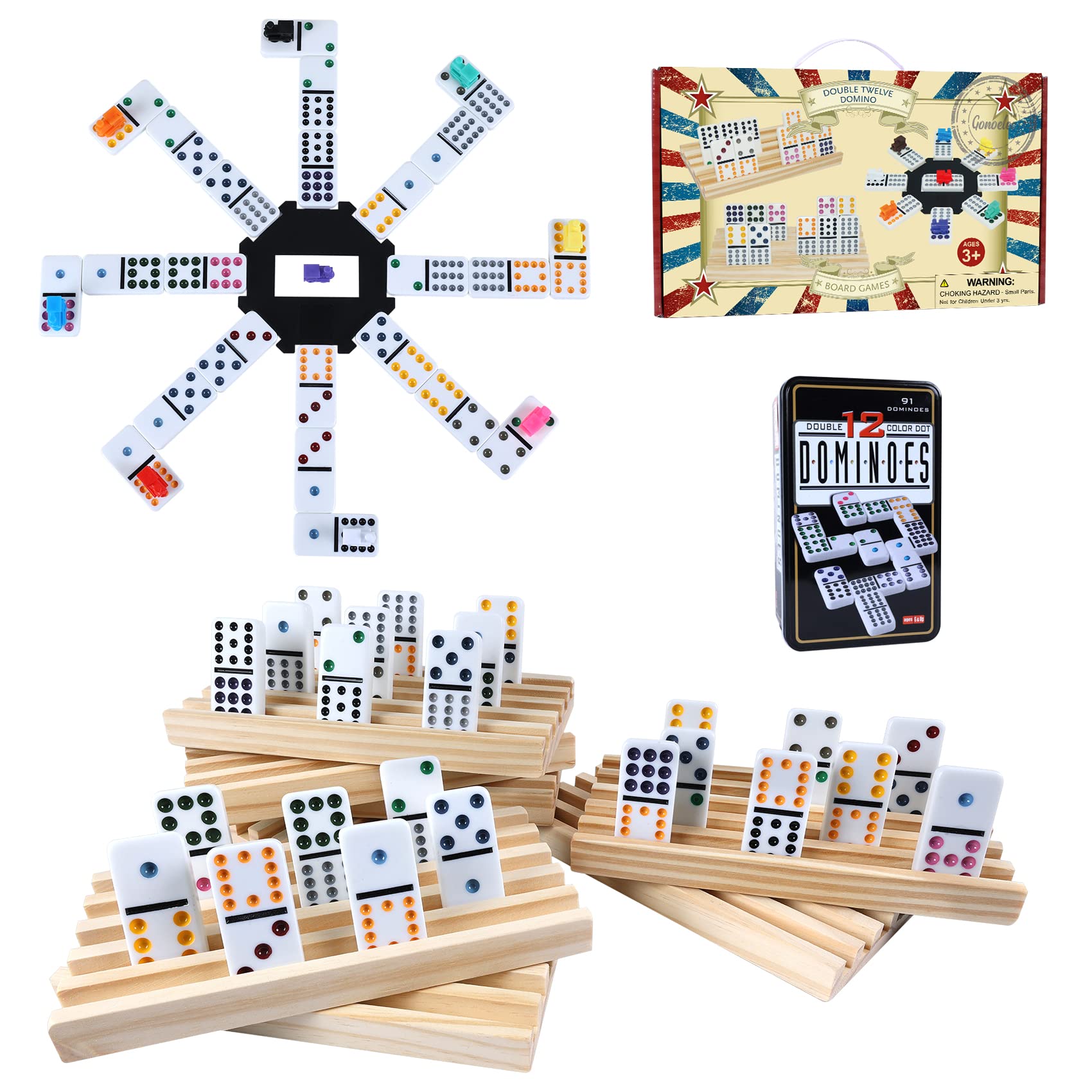GonoelecMexican Train Dominoes Set with 8pcs Wooden Trays/Rack/Holder, 91 Tiles Double 12 Dominoes Game Set with Tin Box,Classic Board Games for Kids,Adults and Families