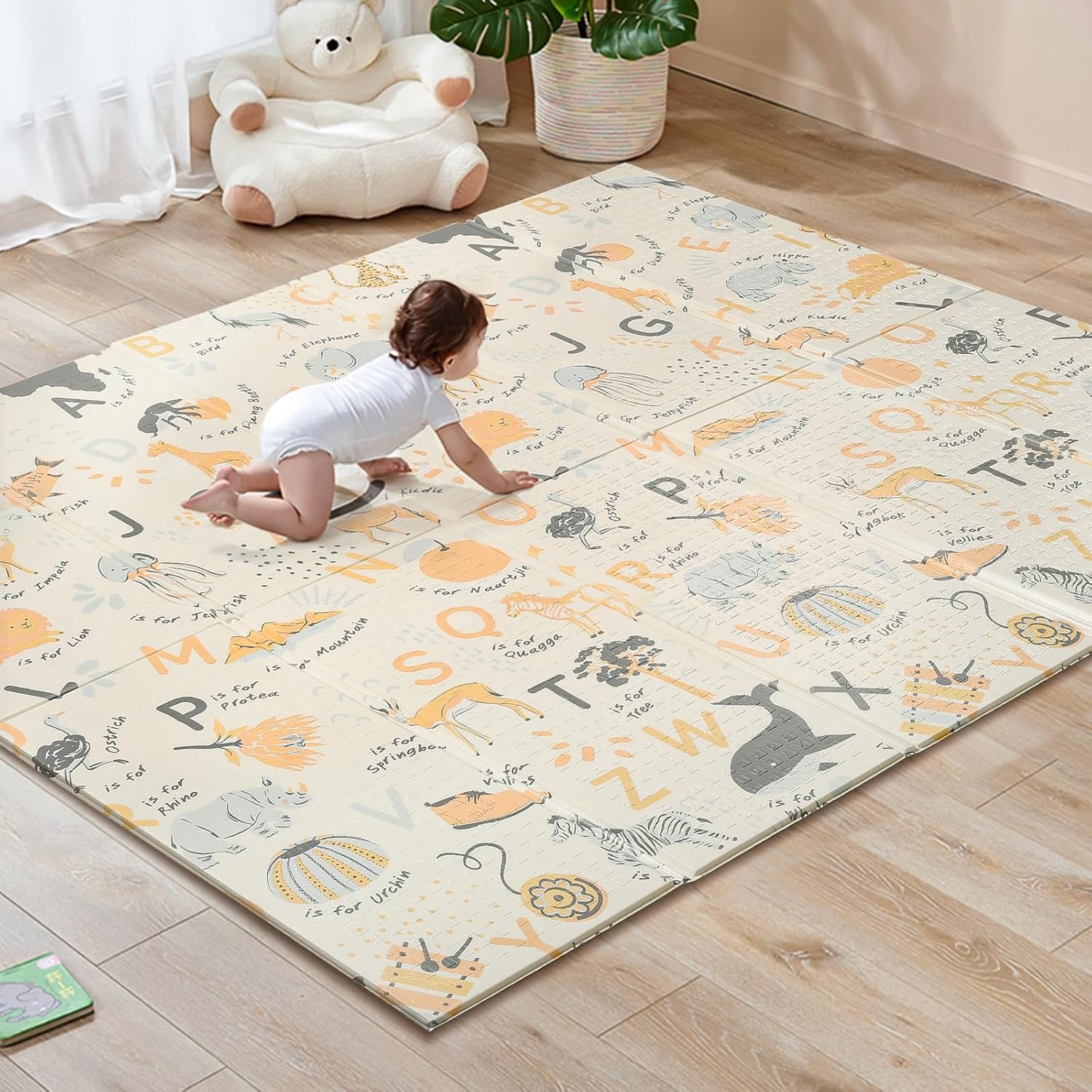 Sour Lemon 200x180cm Folding Wildlife Mat, Thick Padded Baby Crawl Mat, Baby Play Mat, Foldable Kids Playmat, Large Baby Activity Play Mat, Non-Slip, Waterproof, Double-Sided Playpen Mat