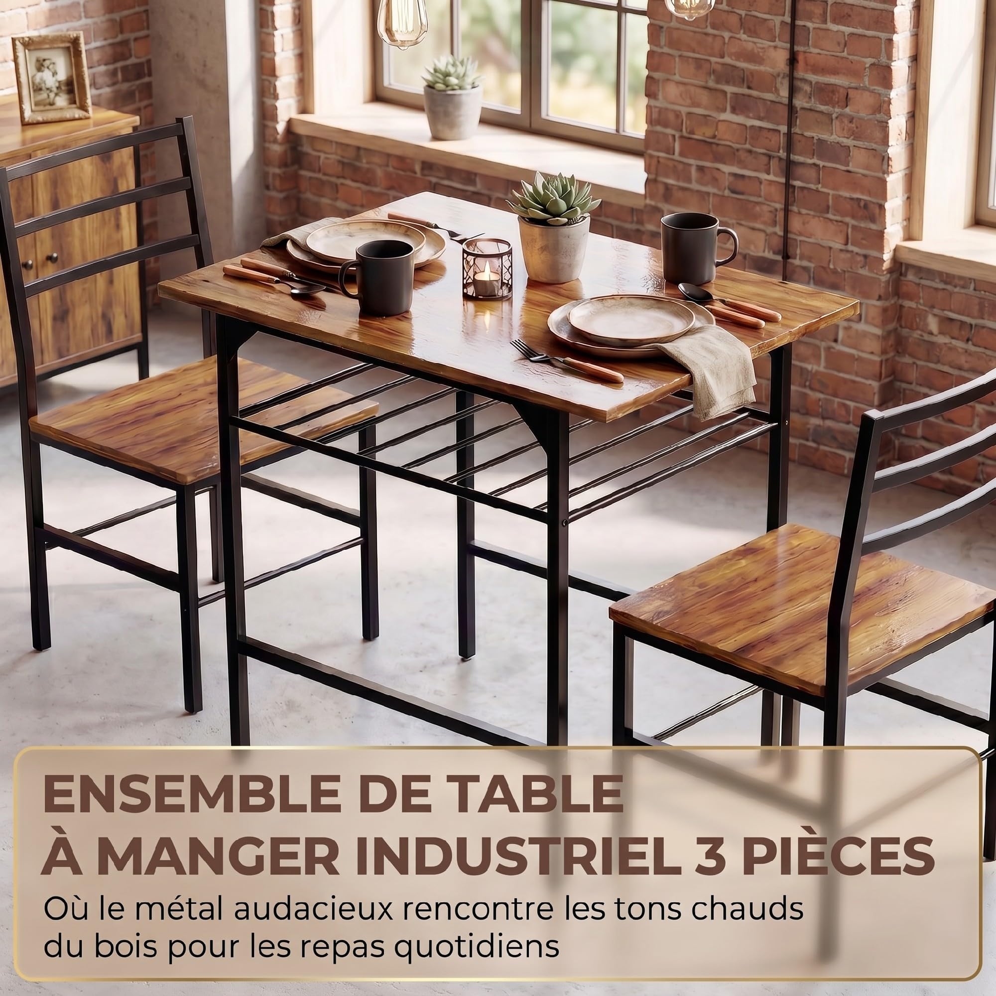 HOMCOM Ensemble Table Salle à Manger avec 2 chaises, Table de Cuisine pour 2 Personnes, étagère de Stockage, Cadre métallique, Style Industriel, idéal pour Espace réduit, Brun Rustique
