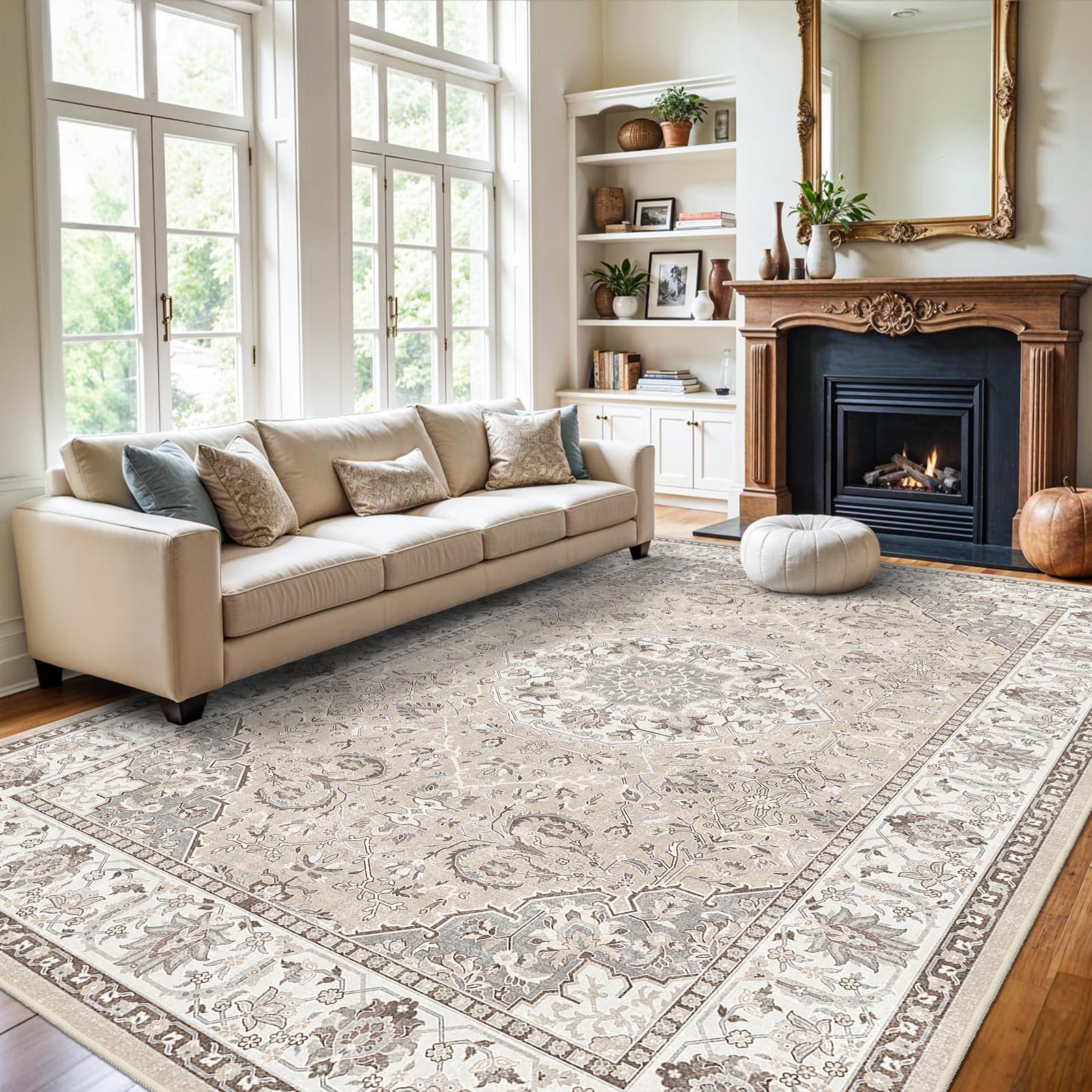 Washable Large 9x12 Area Rug - Living Room Oriental Non Slip Soft Rugs Indoor Low Pile Stain Resistant Carpet for Bedroom Dining Room Farmhouse
