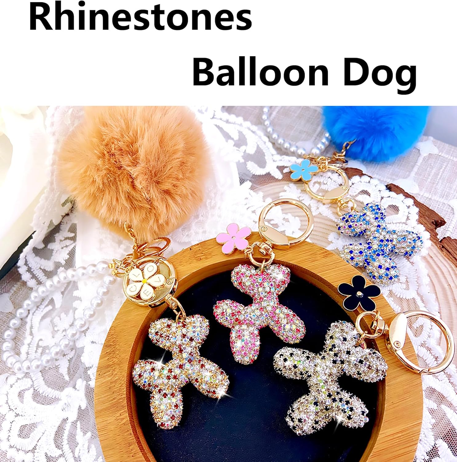 Cute keychains, Balloon Dog Bag Charms for Women, Purse Charms, Pearl Keychain Wristlet, Shiny Rhinestone Key Chain - Image 5