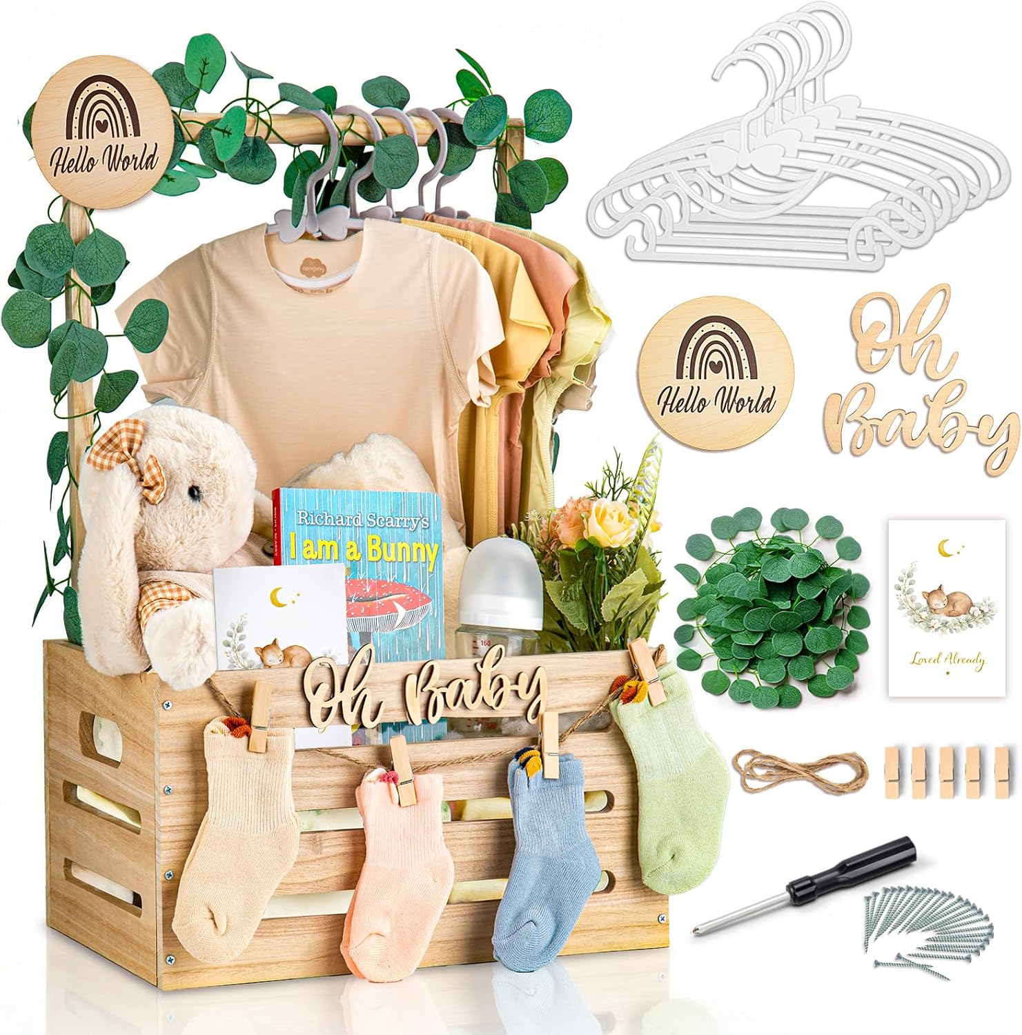 Wooden Baby Shower Crate Closet - Personalized Baby Gift Baskets with Hangers, Large Newborn Boys Girls Clothes Storage Box for Newborn New Parent