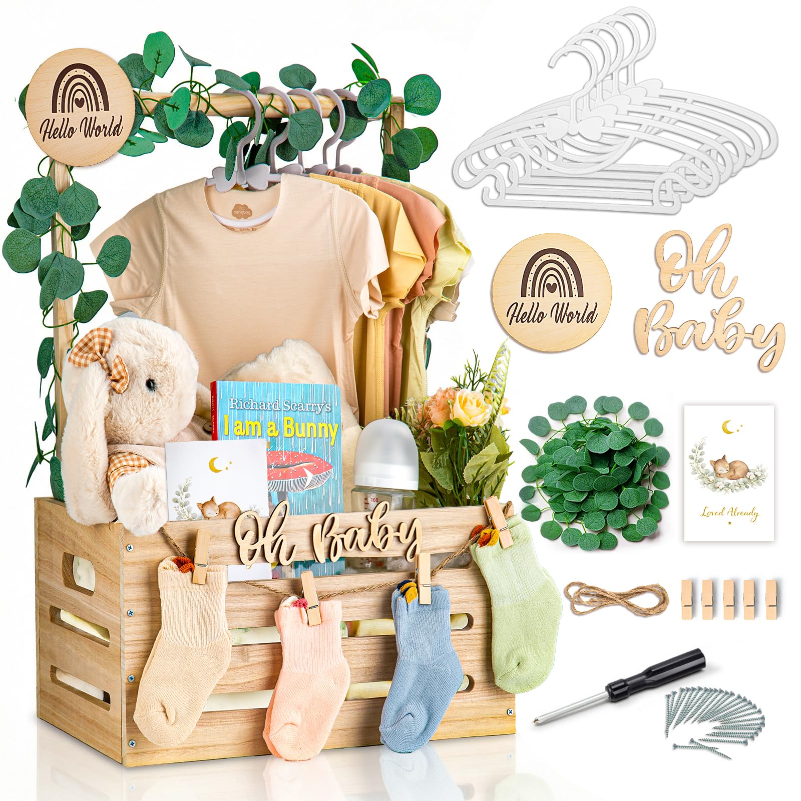 Wooden Baby Shower Crate Closet - Personalized Baby Gift Baskets with Hangers, Large Newborn Boys Girls Clothes Storage Box f