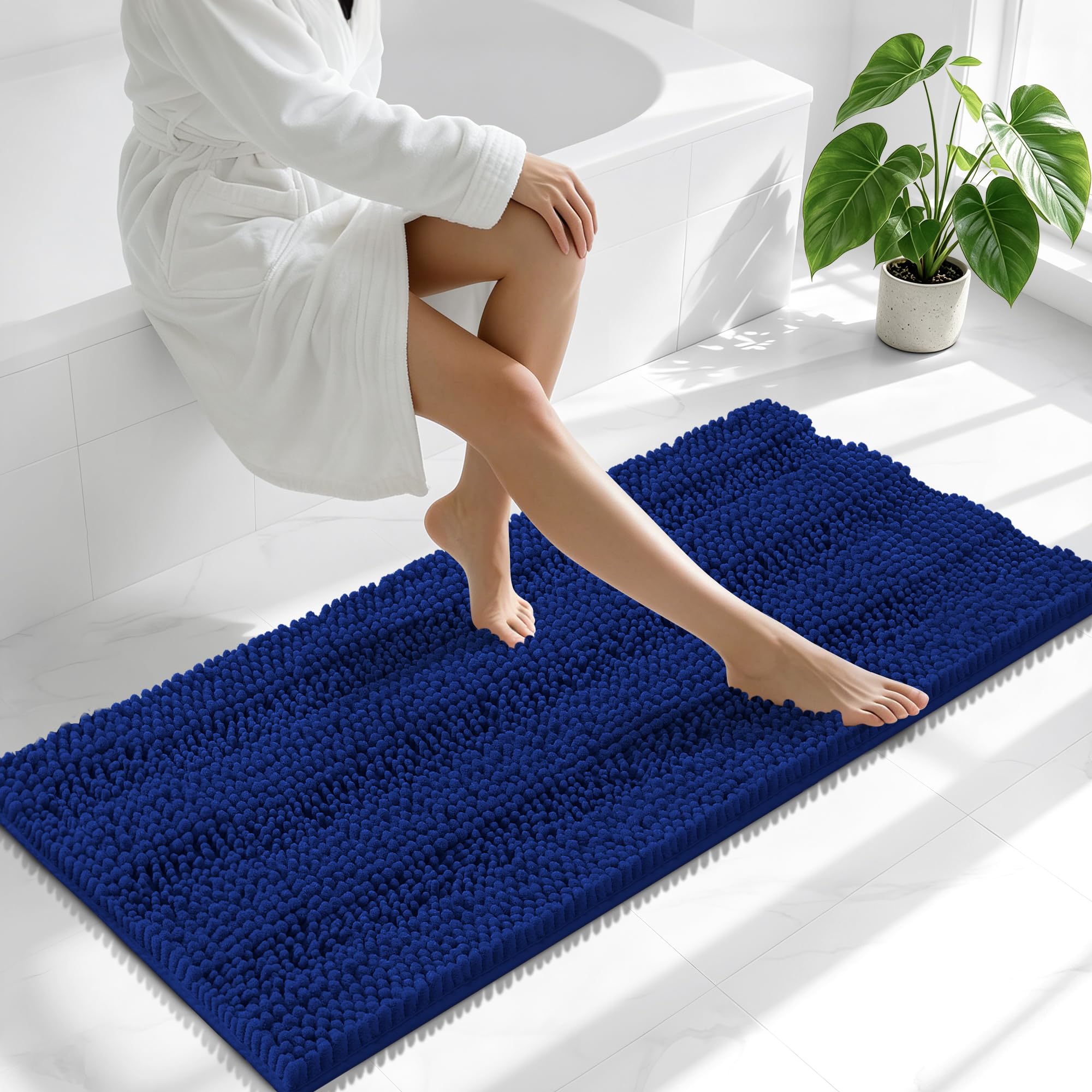 Smiry Thick Chenille Bathroom Runner Rugs 47x20, Absorbent Bath Mat, Navy