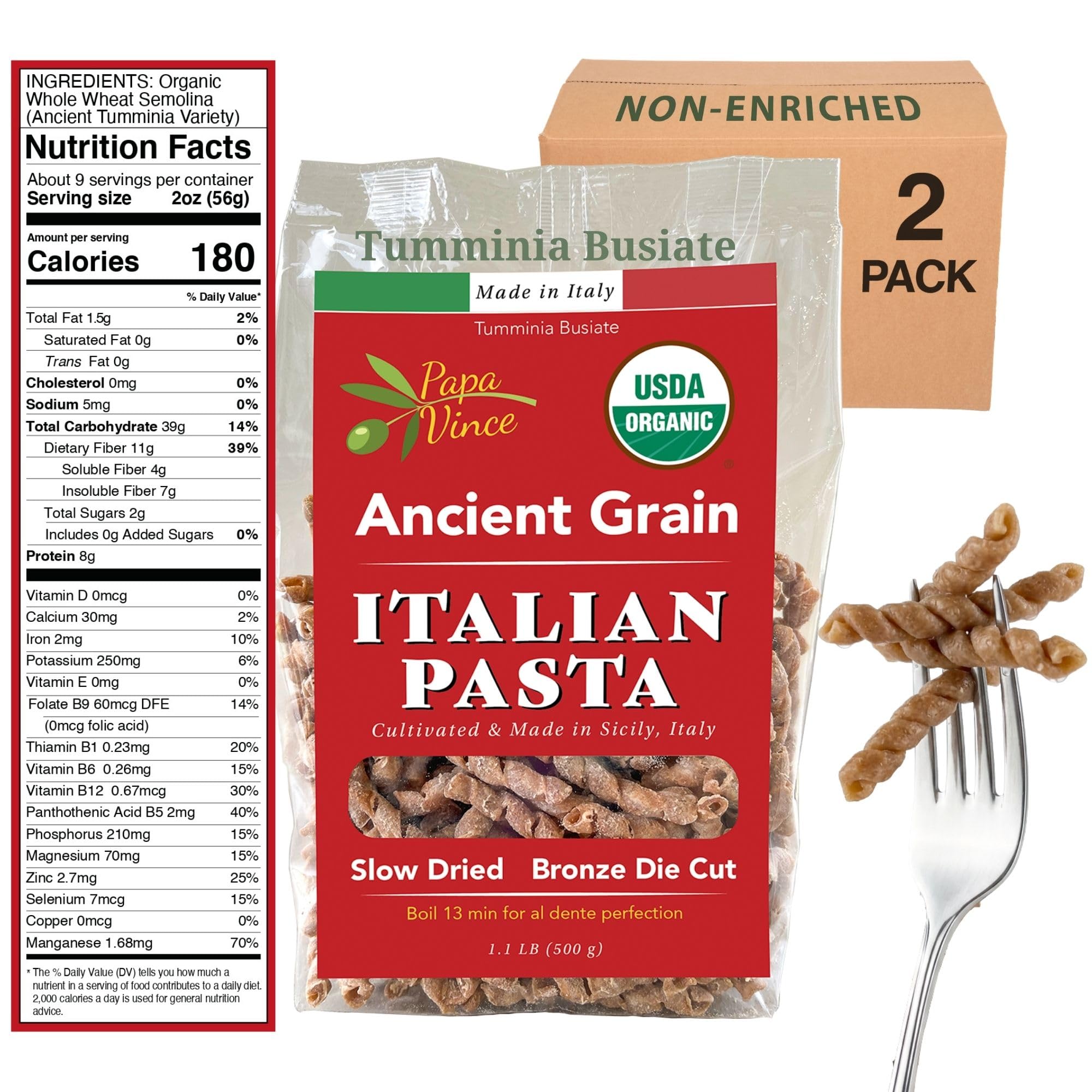 Organic Non Enriched Pasta - Ancient Grain, high in fiber, high in protein, Timilia/Tumminia grown in Sicily Italy. Al dente texture, nutty flavor, busiate, whole wheat that is anything but bland