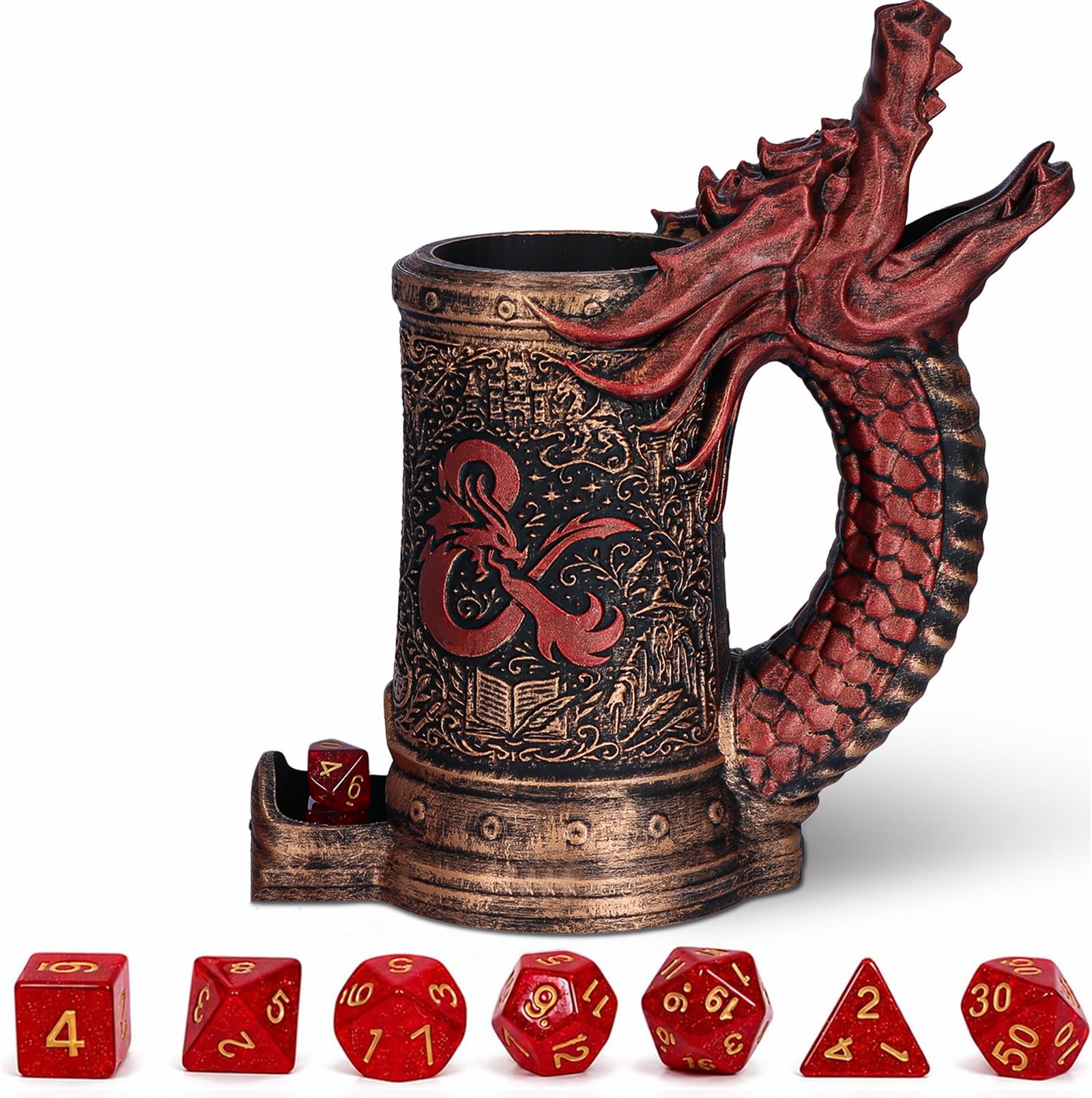 Dice Tower Tazza DND Dice Rolling Tower con 7 dadi Set | Red Dragon Dice Tower adatto per Dungeons and Dragons, giochi da tavolo, disponibile come portabevande, regali RPG.