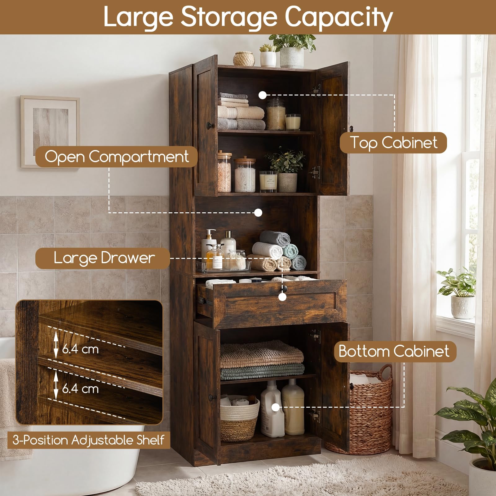 GIANTEX Armario Alto de Baño, 60x35x171,5cm, Mueble de Almacenamiento con 4 Puertas, 1 Cajón y Compartimento Abierto, Estante Ajustable, Kits Antivuelco, Organizador para Salón, Cocina (Marrón)