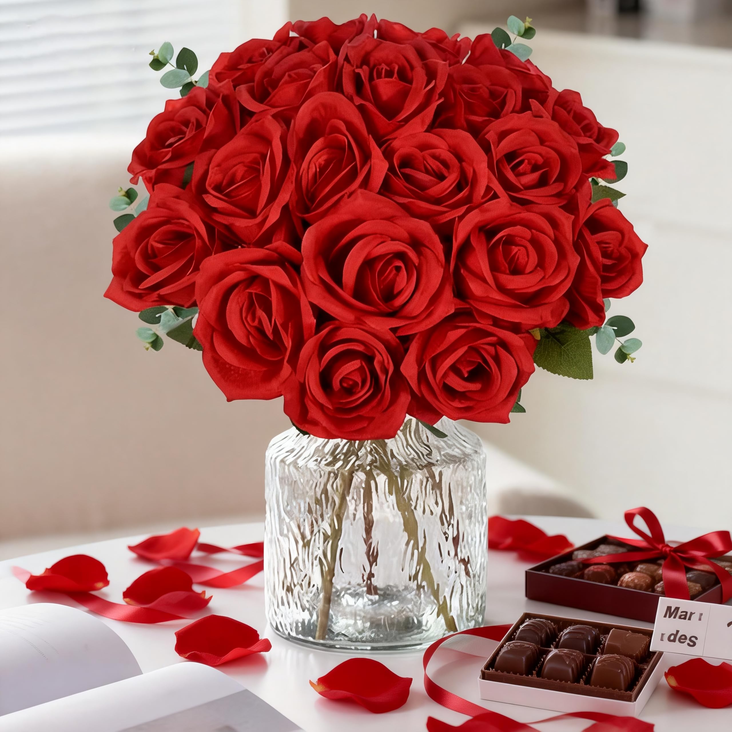 Pyopbow 20PCS Artificial Roses with Long Stems - Realistic Silk Flowers, Fake Roses Real Touch Bouquet of Roses for Valentine's Day, Home Decor,