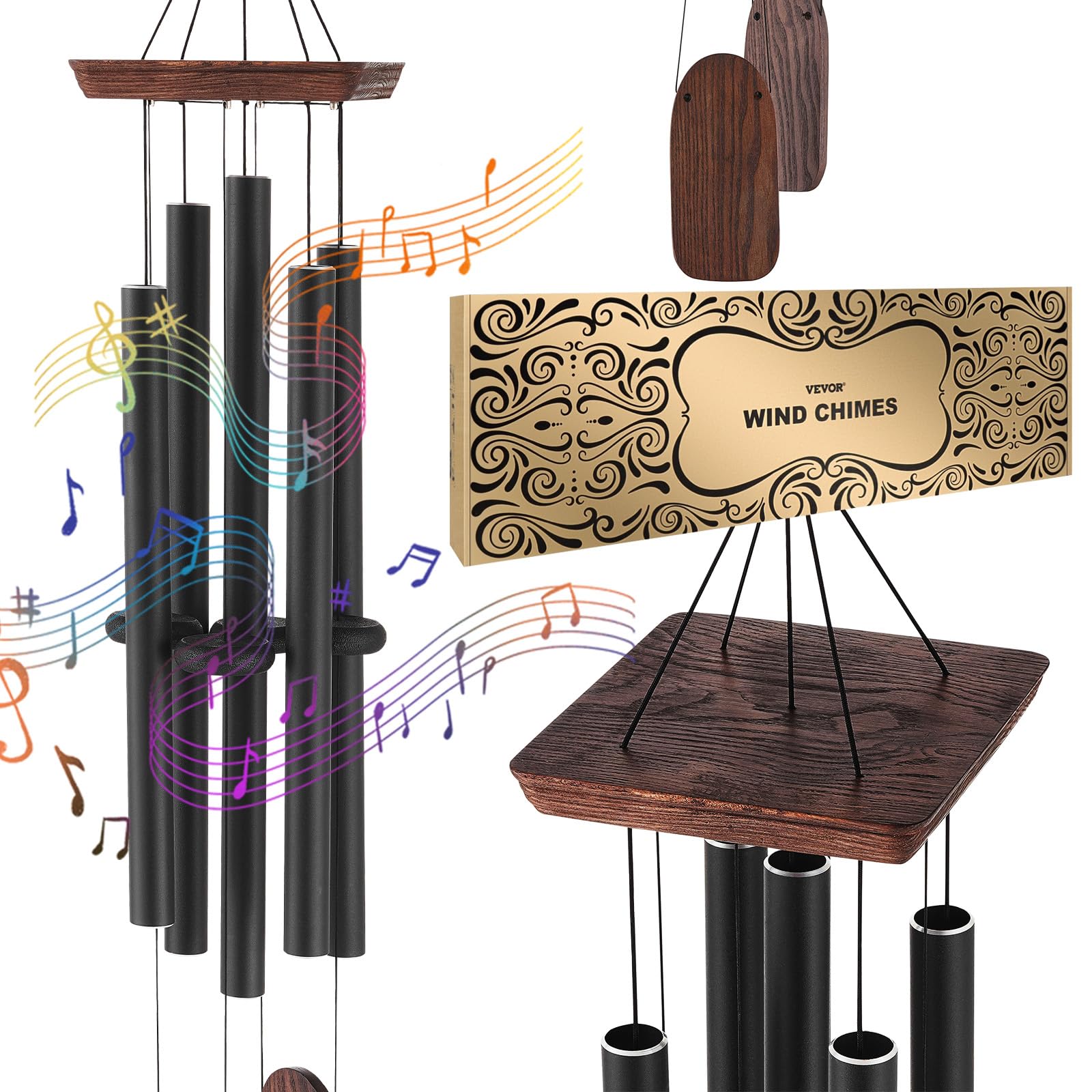 VEVOR Wind Chimes for Outside, 1220 mm, Deep Tone Wind Chimes with 5 Tubes, Unique Large Memorial for Anniversary, Amazing Outdoor Decor for Your Patio, Porch, Garden and Backyard, Black