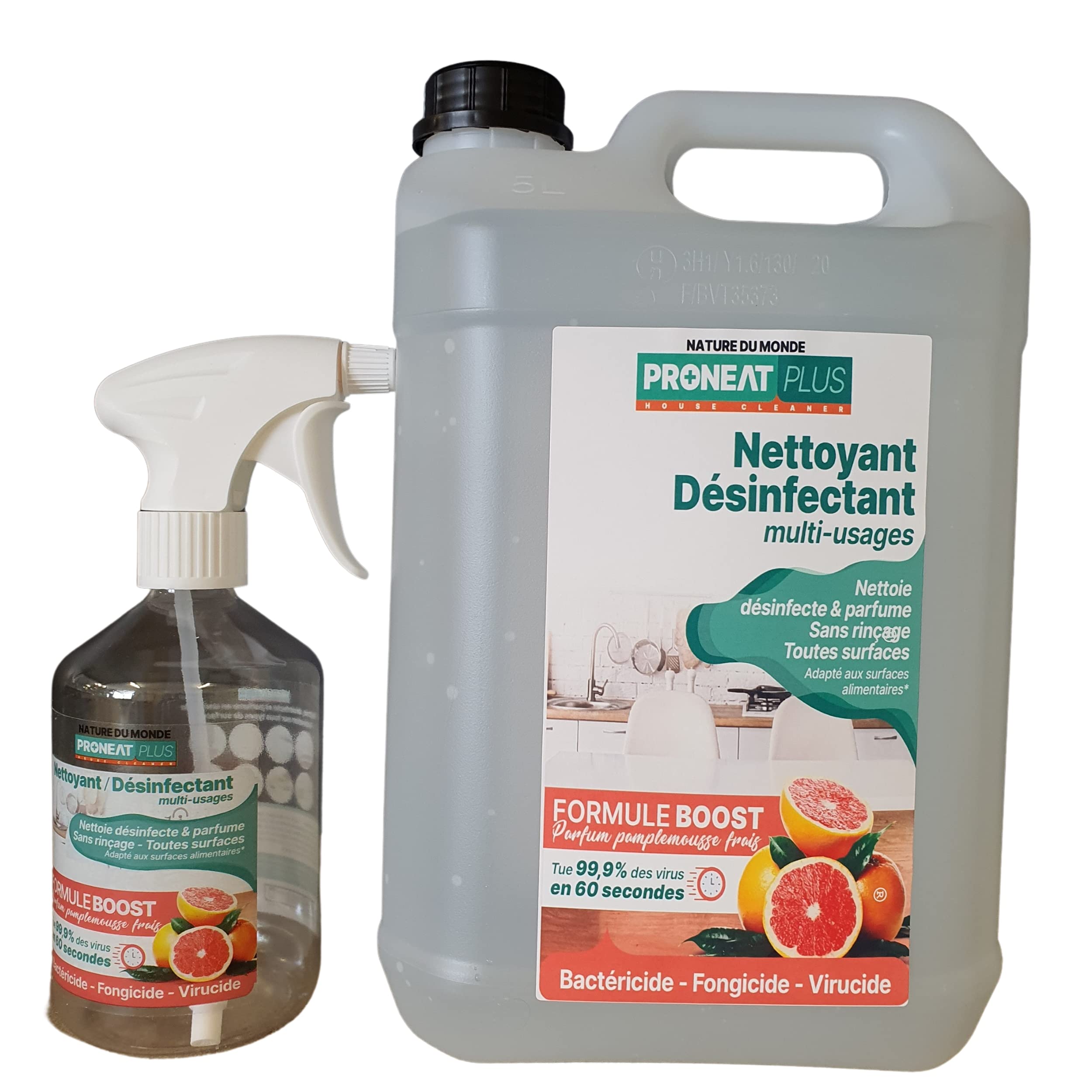 NETTOYANT DESINFECTANT MULTI-USAGES - BACTERICIDE - VIRUCIDE - FONGICIDE 5Litres PARFUM PAMPLEMOUSSE FRAIS, ELIMINE 99,9% DES VI