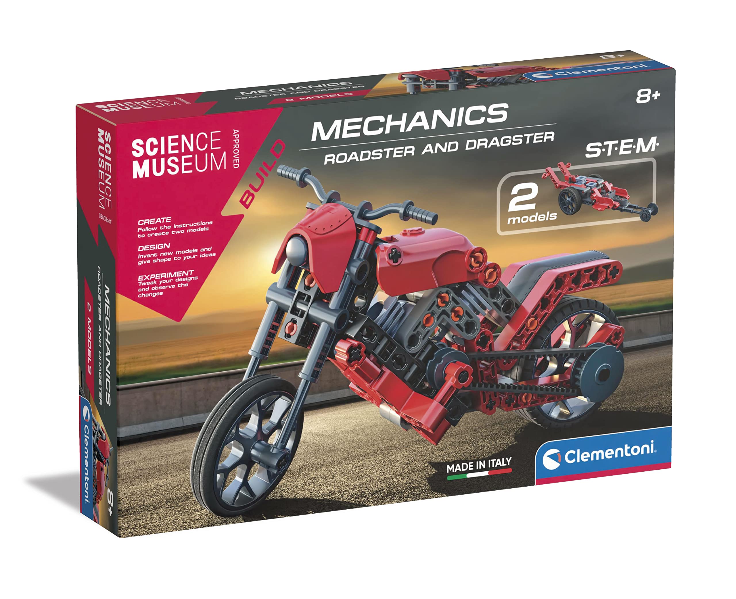 Clementoni- Roadster & Dragster Building Set: With 90+ Pieces, STEM Learning Toys for Kids, Educational Kit, Gears & Transmission (8+ Years)