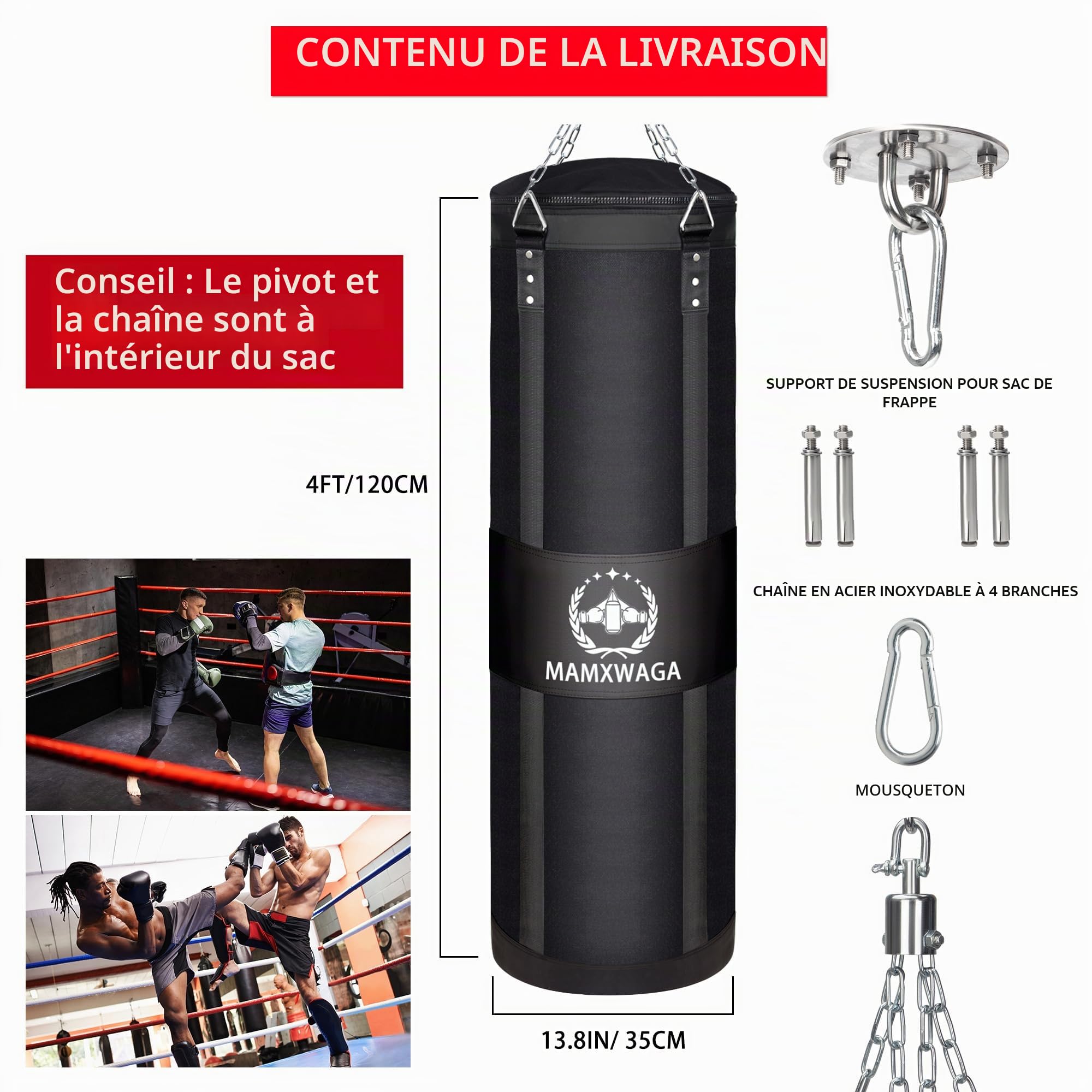 Sac de Frappe Adulte en Toile 120 cm, Lourd Boxe Punch Bag avec Rotateurs, Non-Rempli Canvas Punching Bag Charge Maximale 80 kg