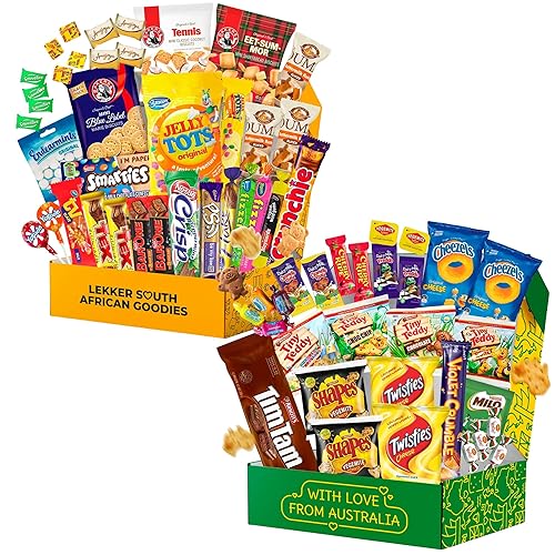 South African Snacks Box (36pc) and Australian Snack Gift Box Mega 29 Pack – Authentic African and Aussie Candies, Chocolates, and Treats – Ideal Gift Bundle for Sharing, Gifting, and Expats